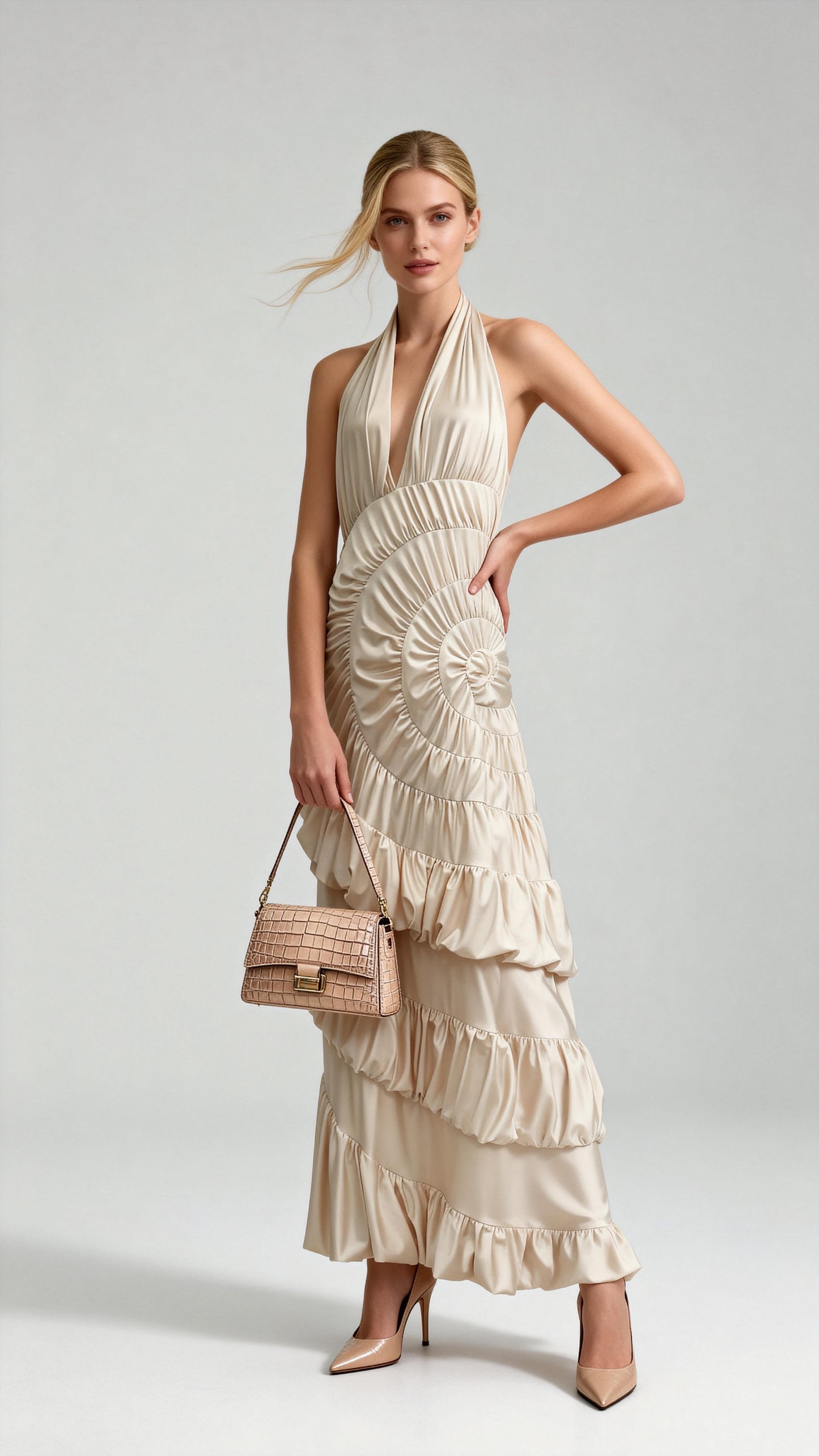 Champagne Halter Deep V-Neck Spiral-Ruched Satin Maxi Dress