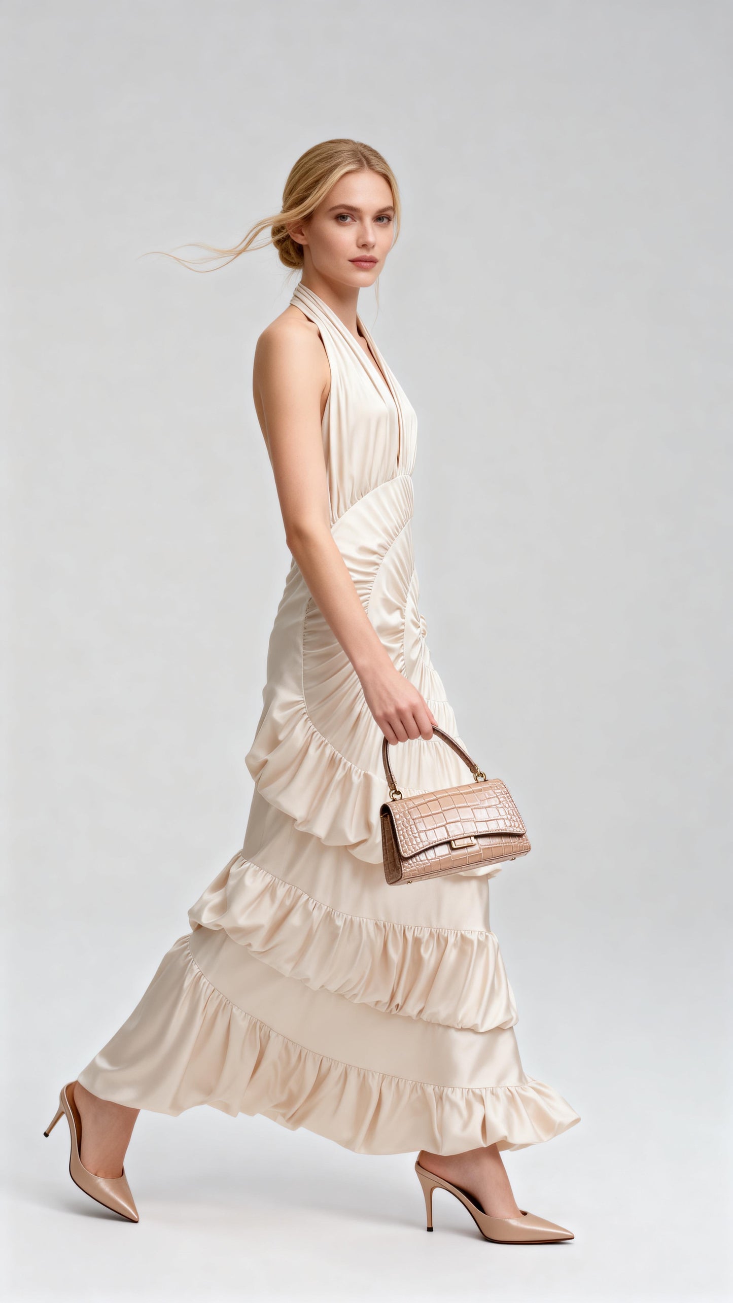 Champagne Halter Deep V-Neck Spiral-Ruched Satin Maxi Dress