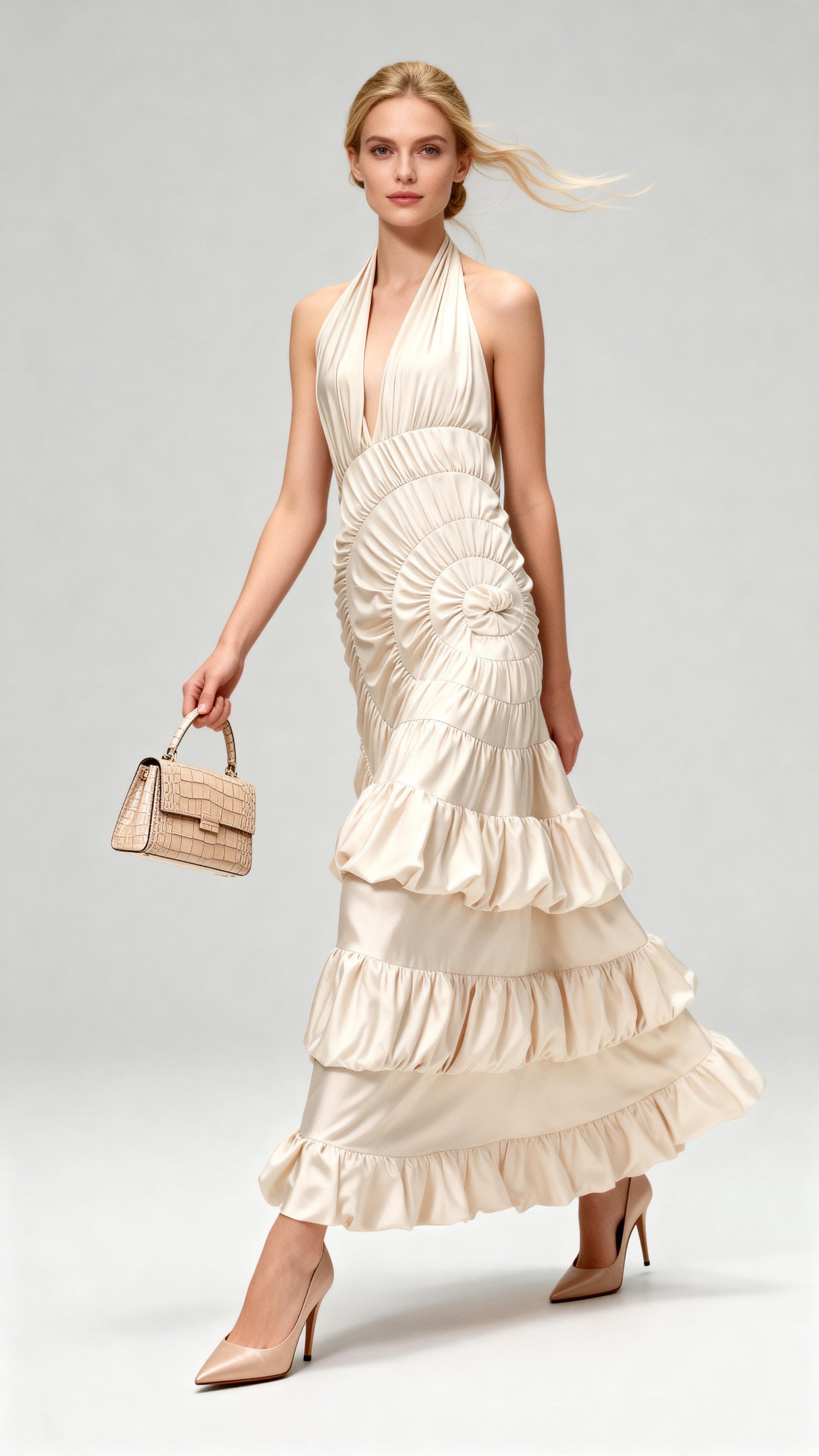 Champagne Halter Deep V-Neck Spiral-Ruched Satin Maxi Dress