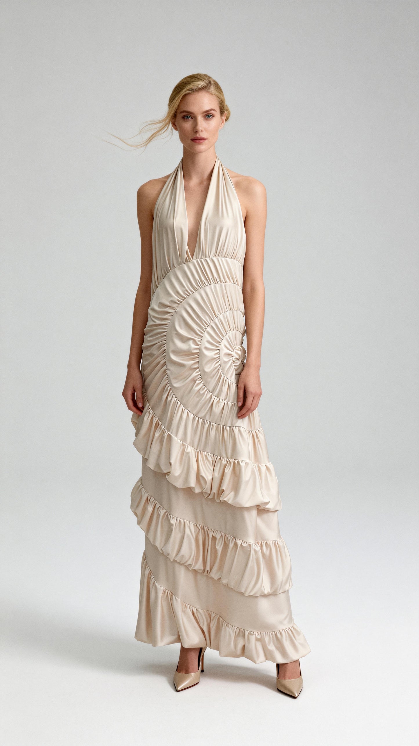 Champagne Halter Deep V-Neck Spiral-Ruched Satin Maxi Dress