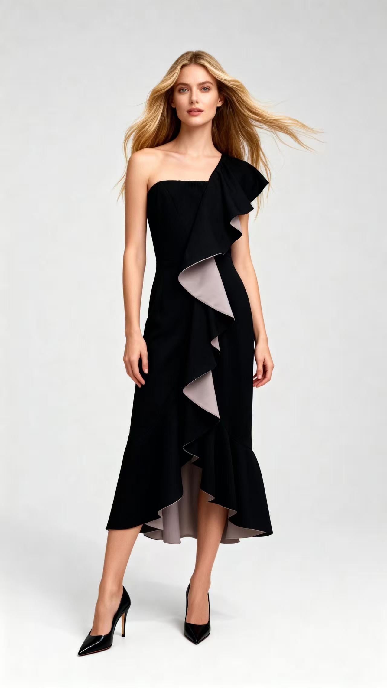 Color-Blocked One-Shoulder Ruffled Asymmetric Midi Dress