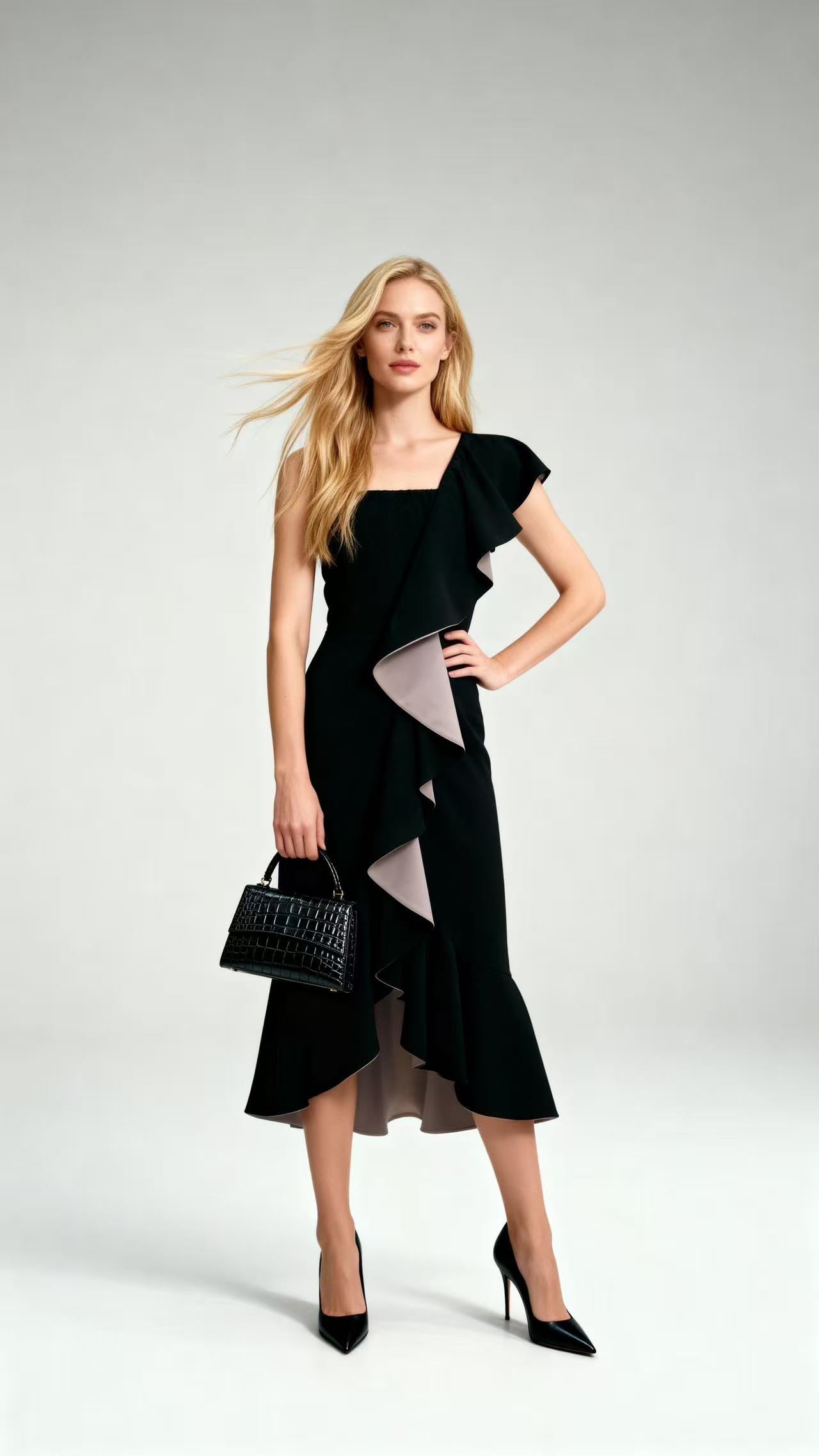 Color-Blocked One-Shoulder Ruffled Asymmetric Midi Dress