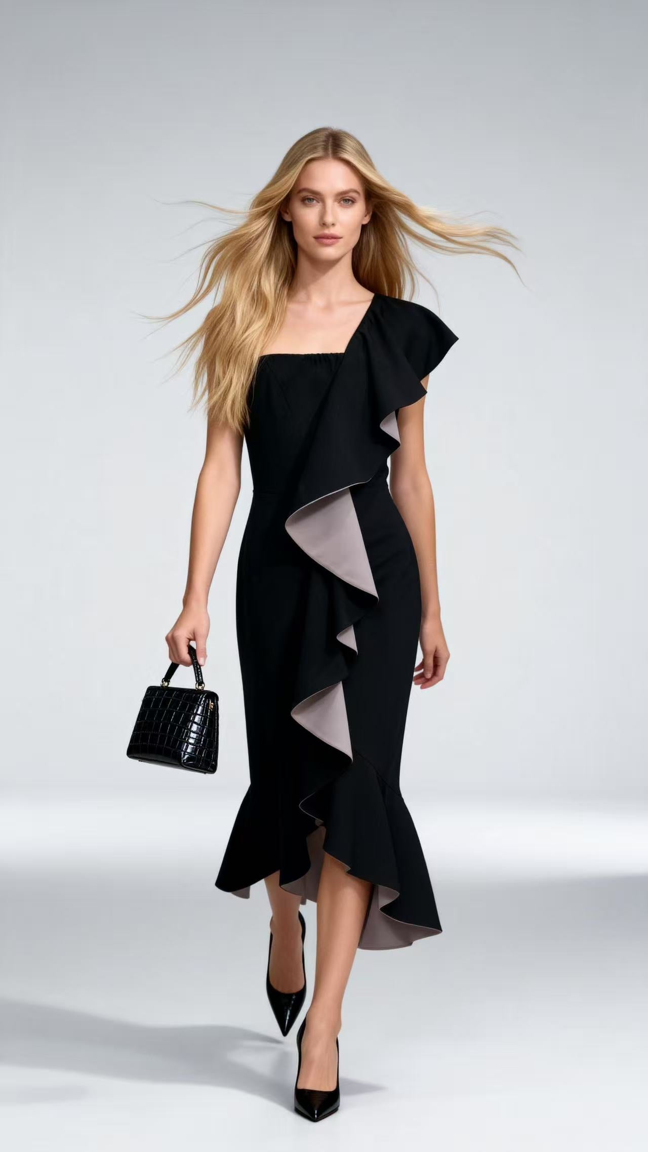 Color-Blocked One-Shoulder Ruffled Asymmetric Midi Dress