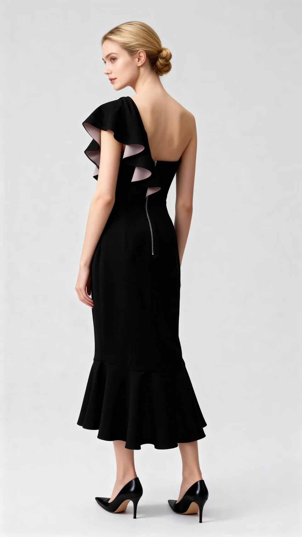 Color-Blocked One-Shoulder Ruffled Asymmetric Midi Dress