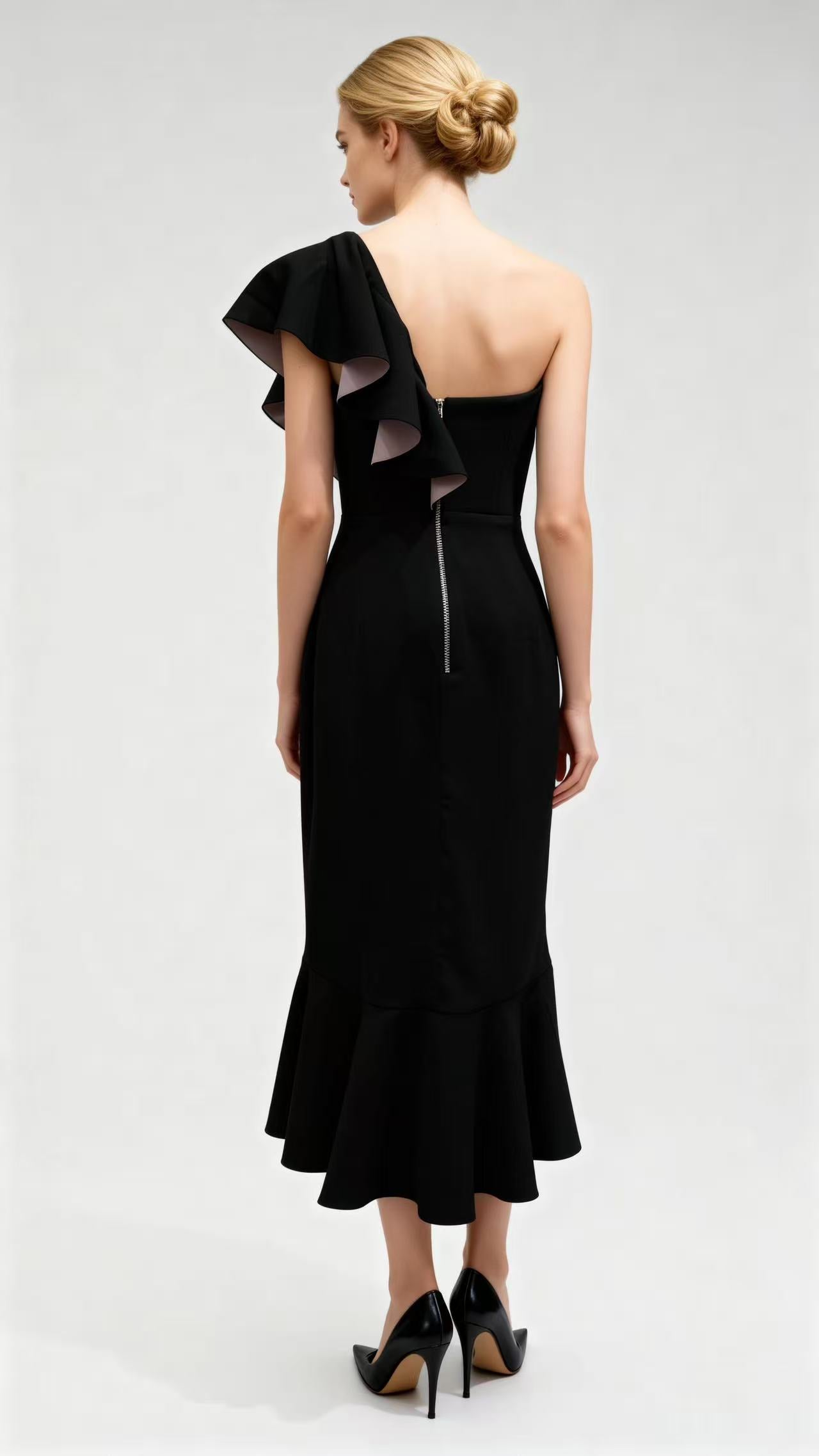 Color-Blocked One-Shoulder Ruffled Asymmetric Midi Dress