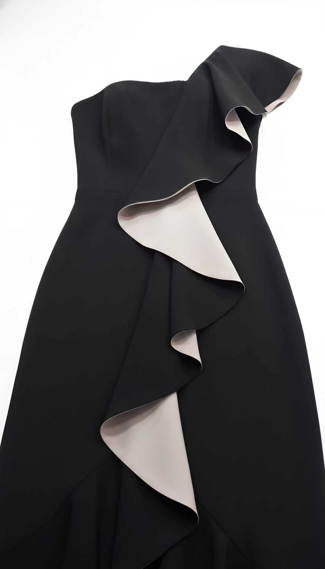 Color-Blocked One-Shoulder Ruffled Asymmetric Midi Dress