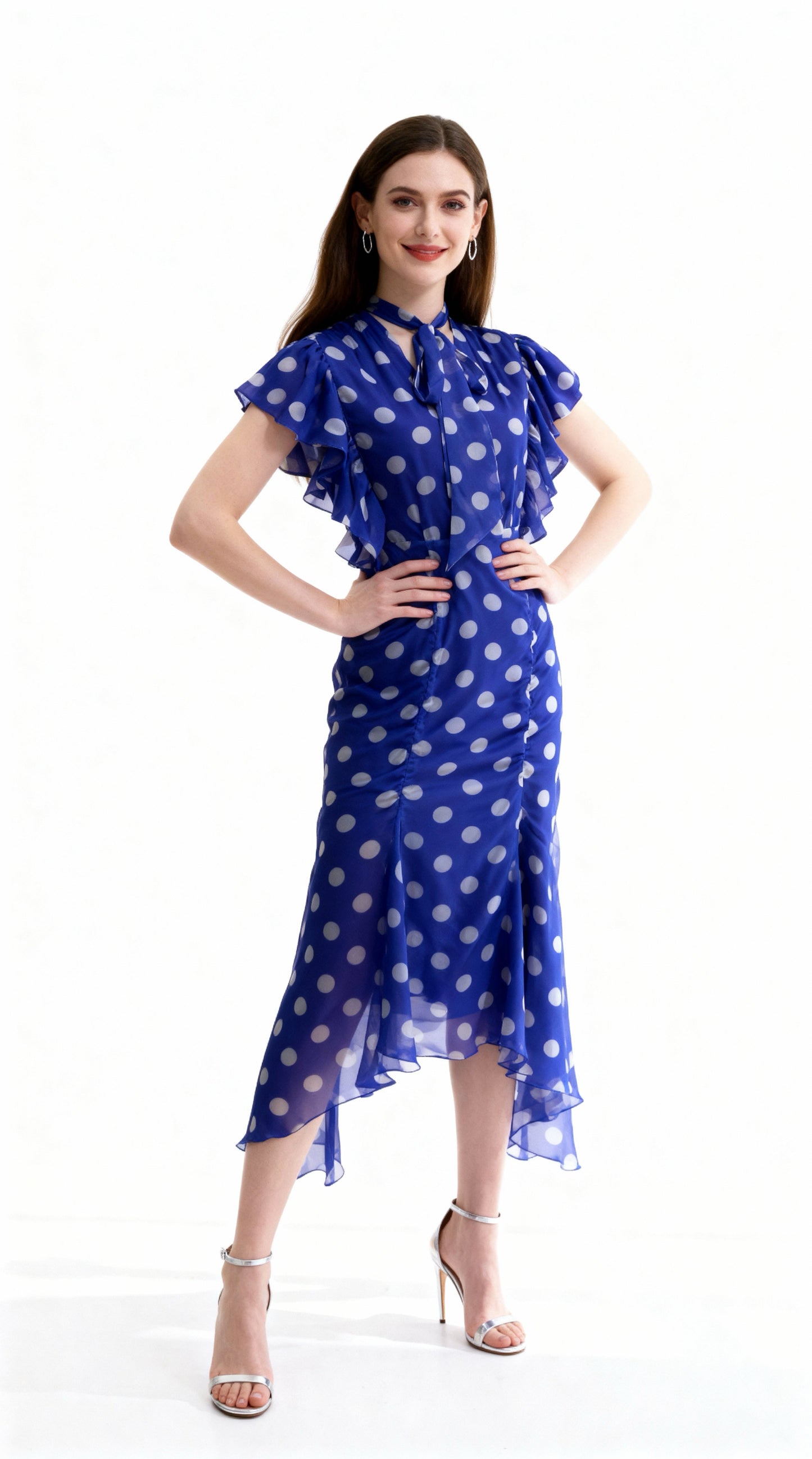 Royal Blue Polka Dot Tie-Waist Ruffled Mermaid Dress