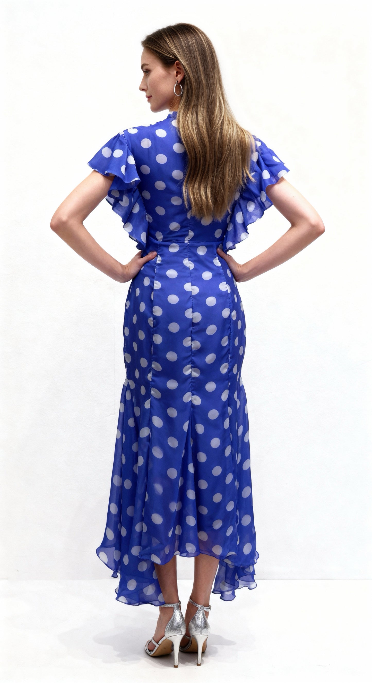 Royal Blue Polka Dot Tie-Waist Ruffled Mermaid Dress