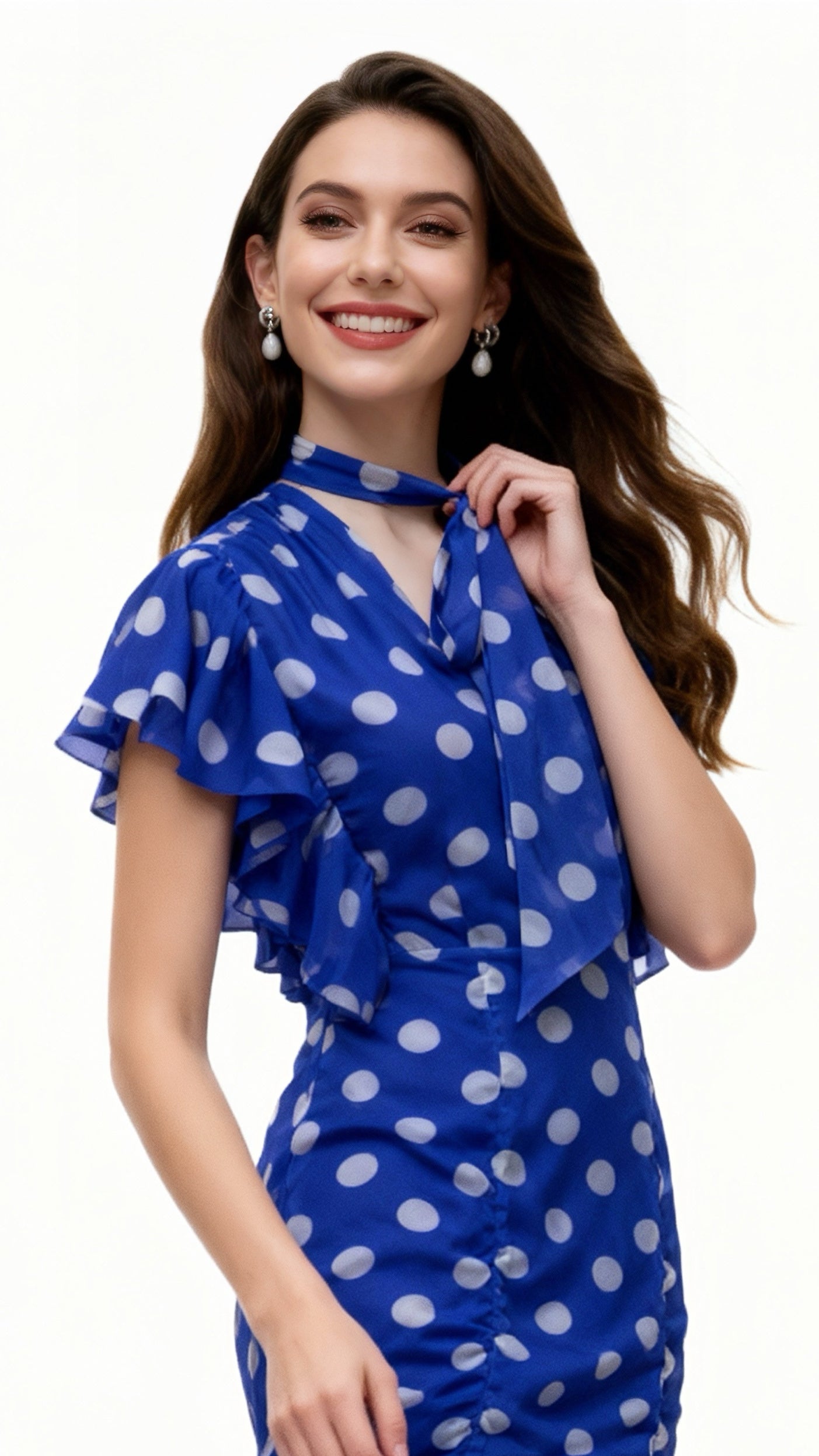 Royal Blue Polka Dot Tie-Waist Ruffled Mermaid Dress