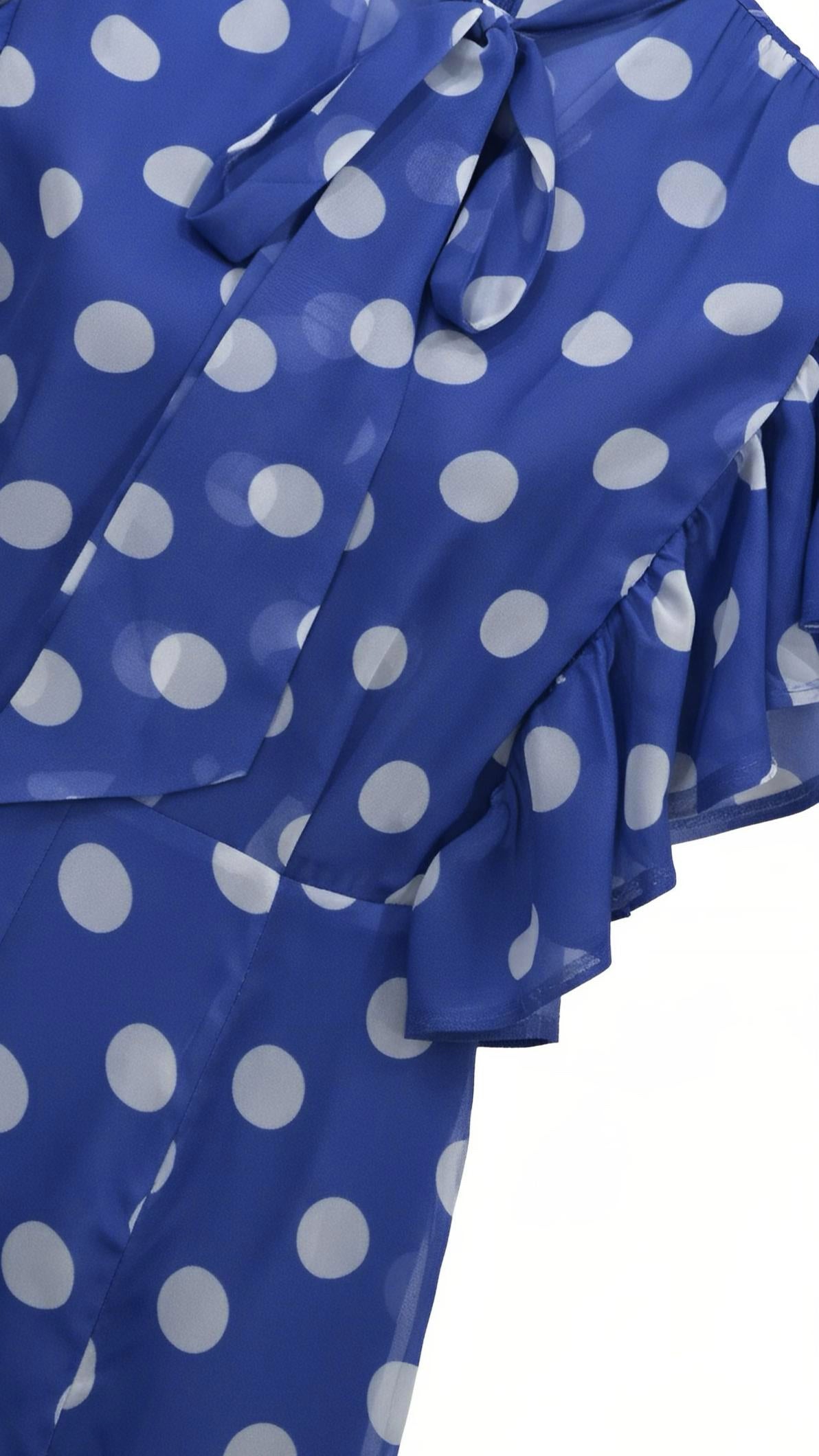 Royal Blue Polka Dot Tie-Waist Ruffled Mermaid Dress