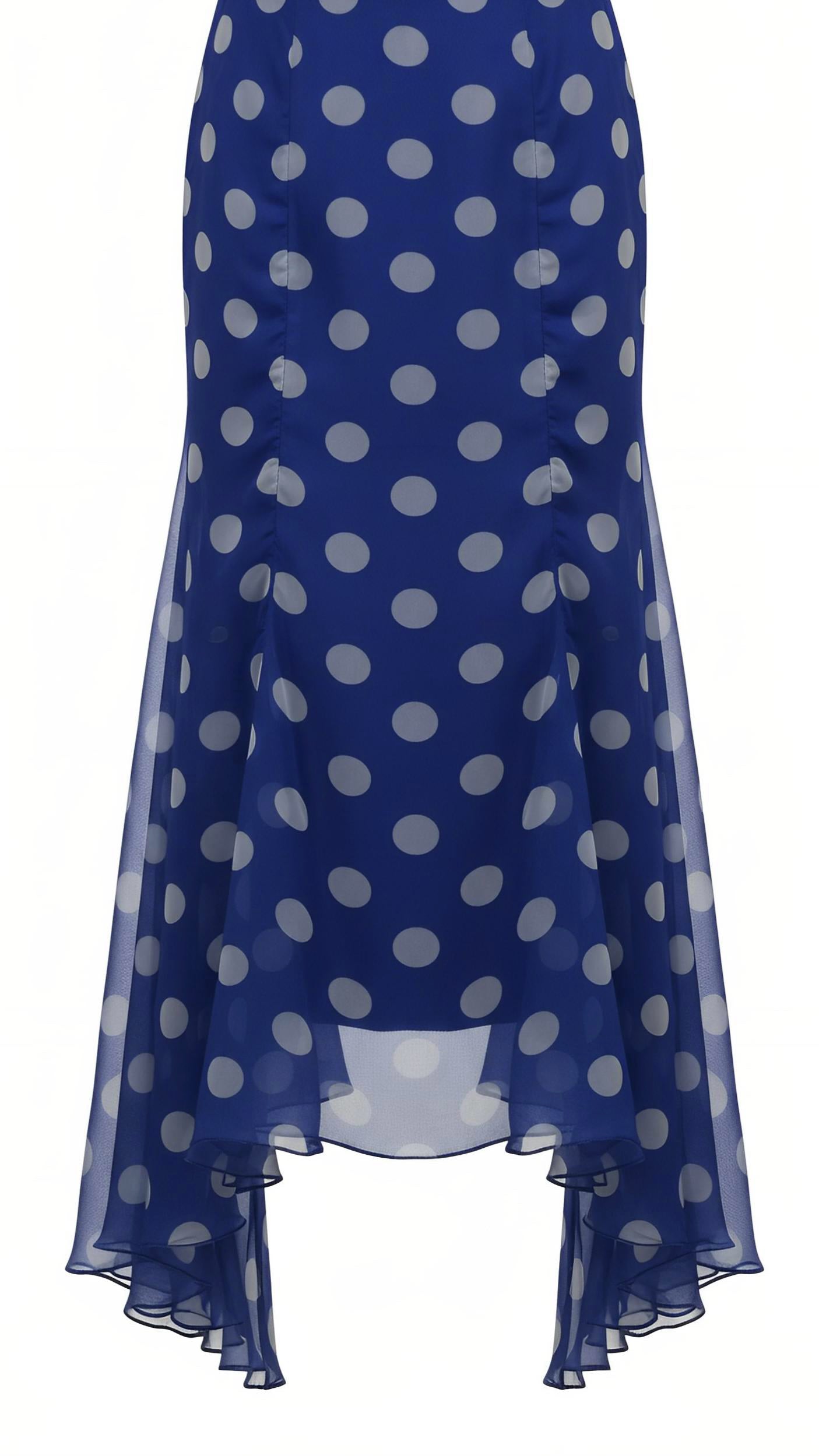 Royal Blue Polka Dot Tie-Waist Ruffled Mermaid Dress