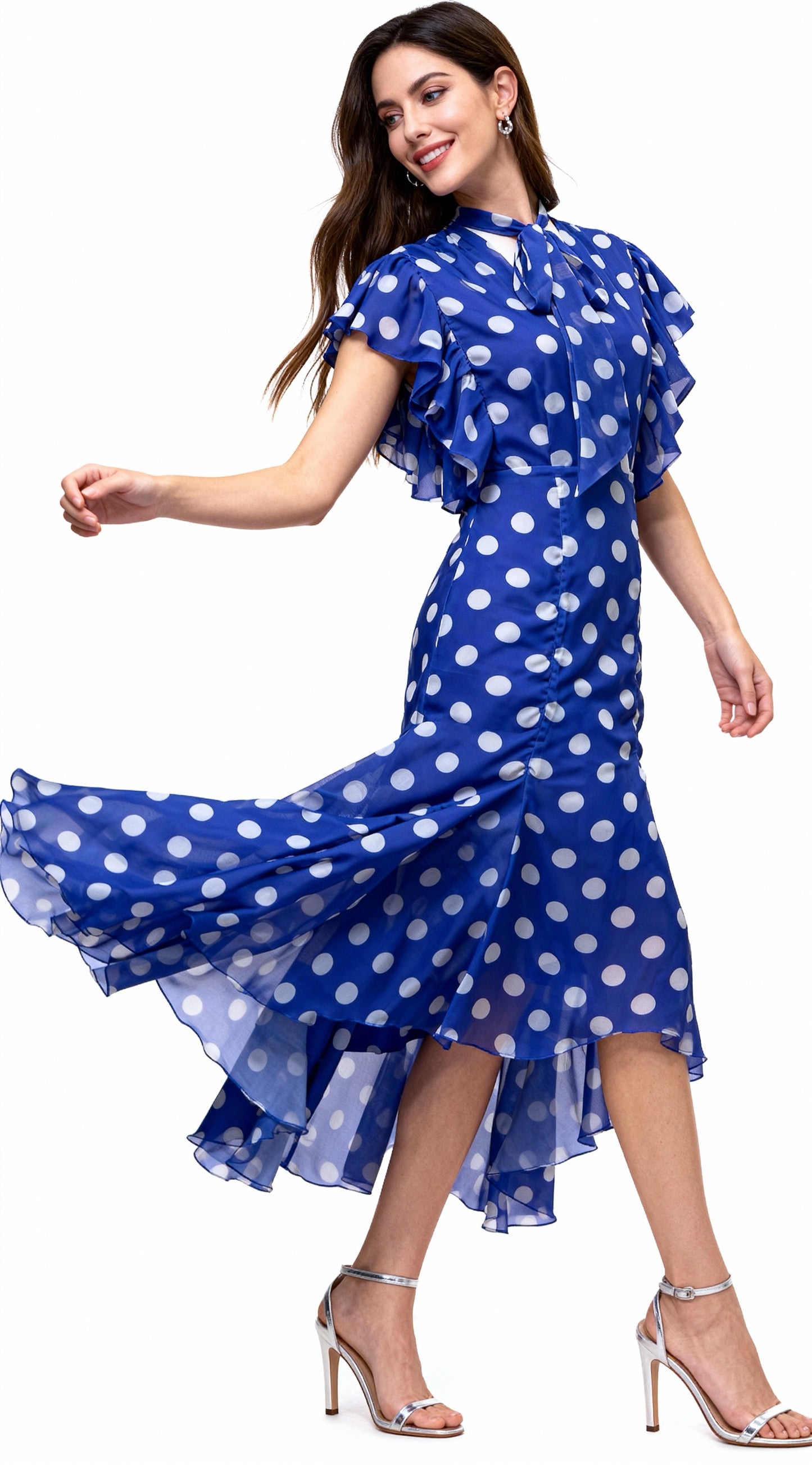 Royal Blue Polka Dot Tie-Waist Ruffled Mermaid Dress
