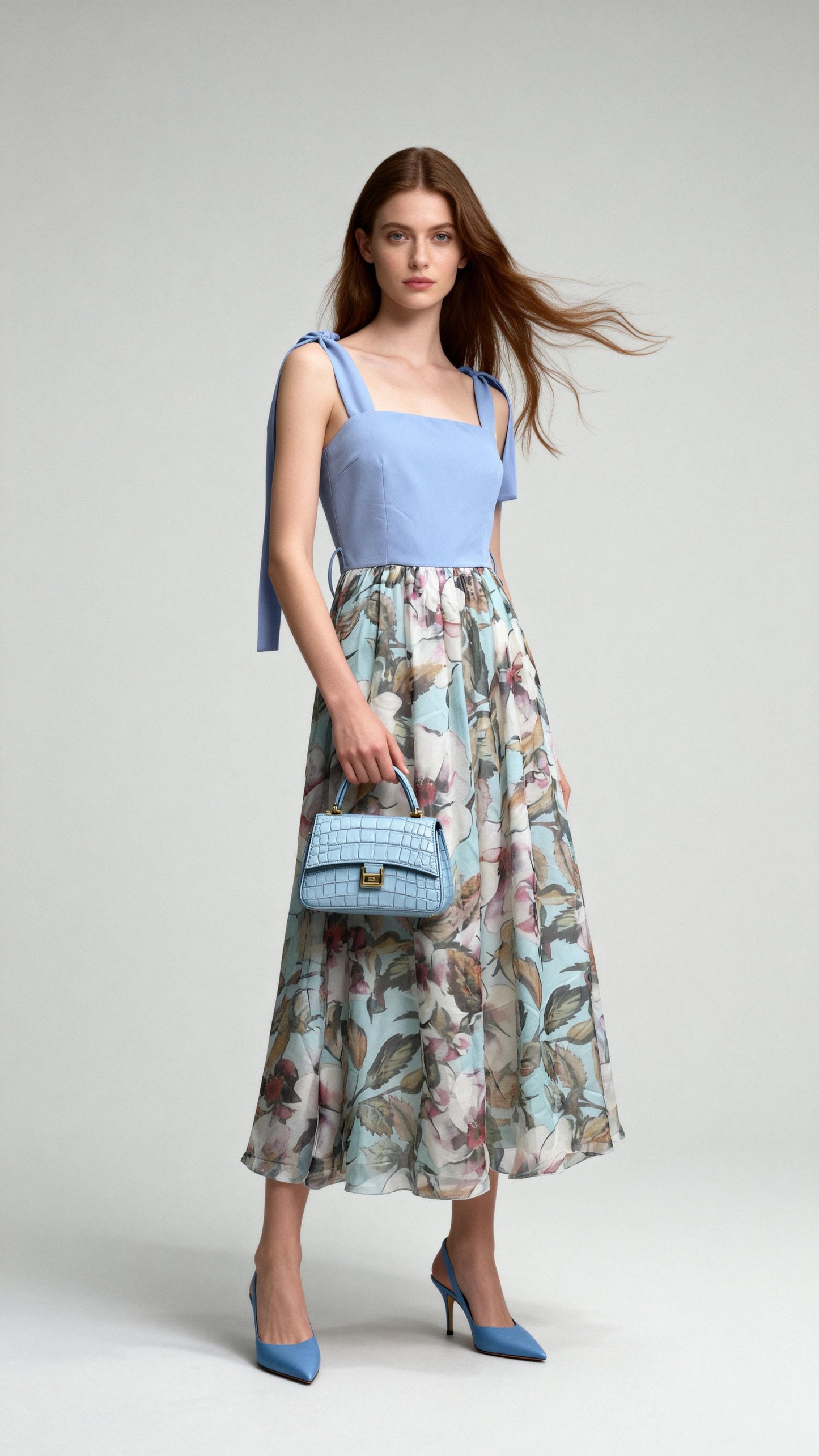 Light Blue Paneled Floral Print Spaghetti Strap Midi Dress