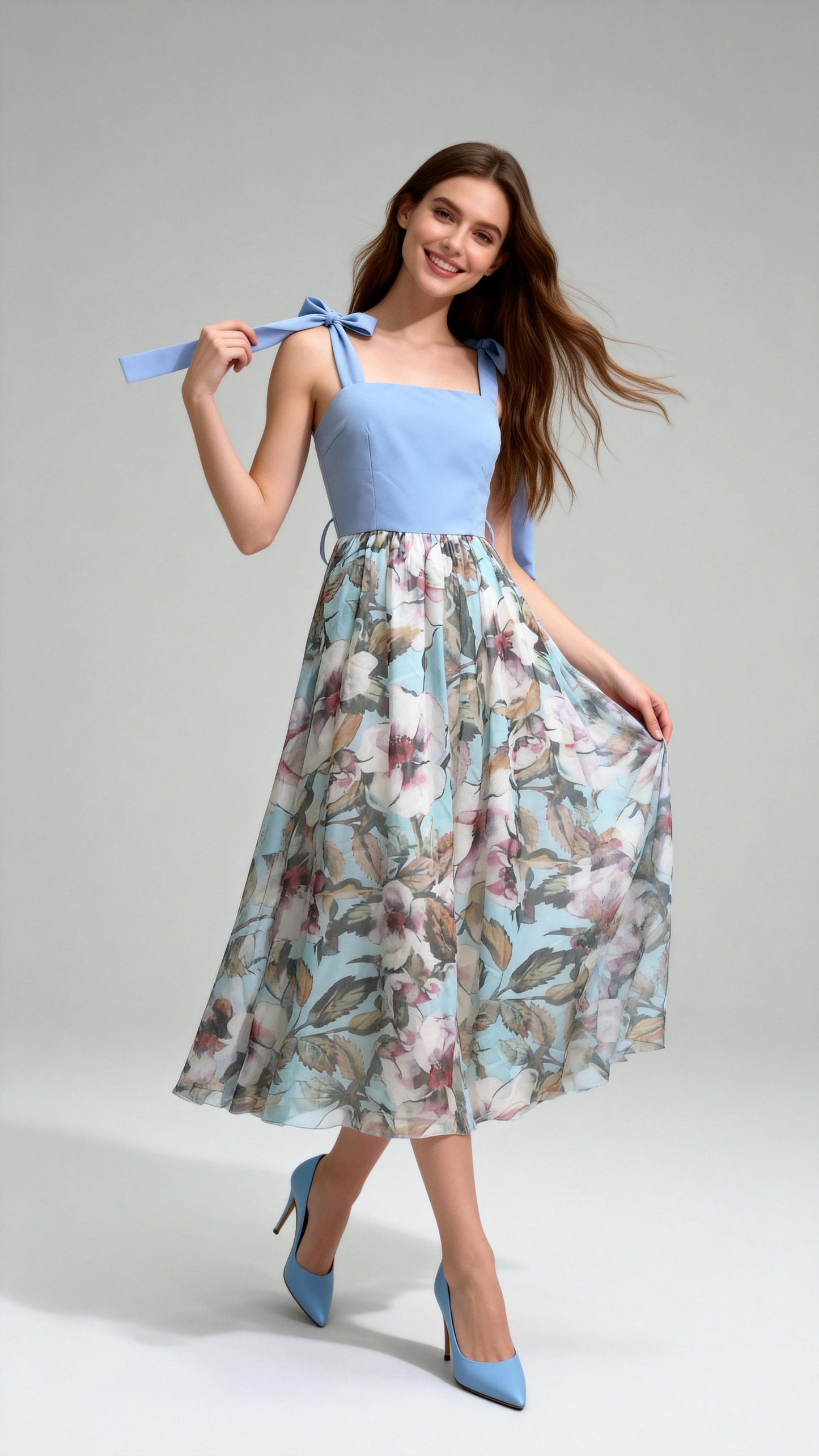 Light Blue Paneled Floral Print Spaghetti Strap Midi Dress
