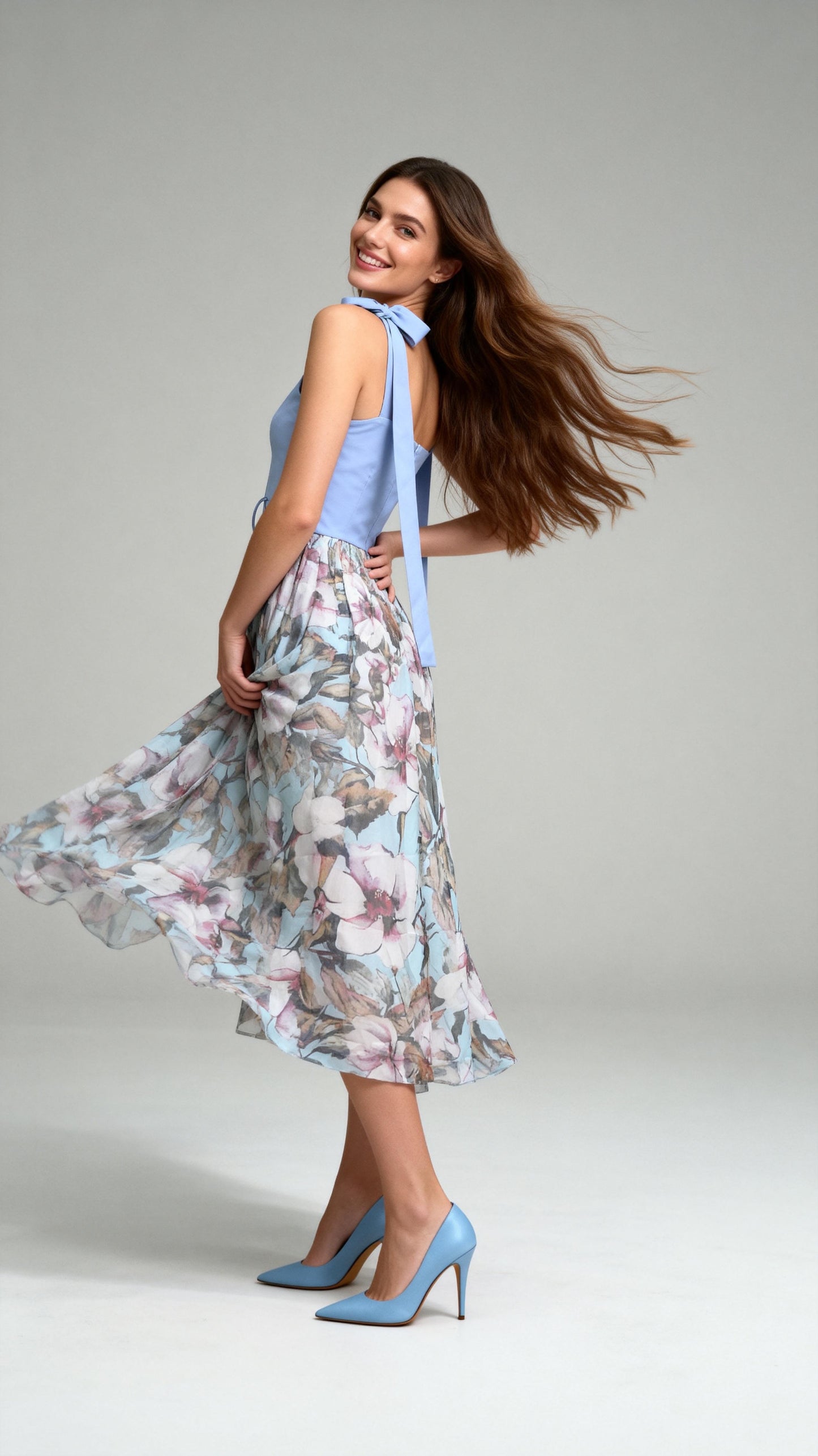 Light Blue Paneled Floral Print Spaghetti Strap Midi Dress