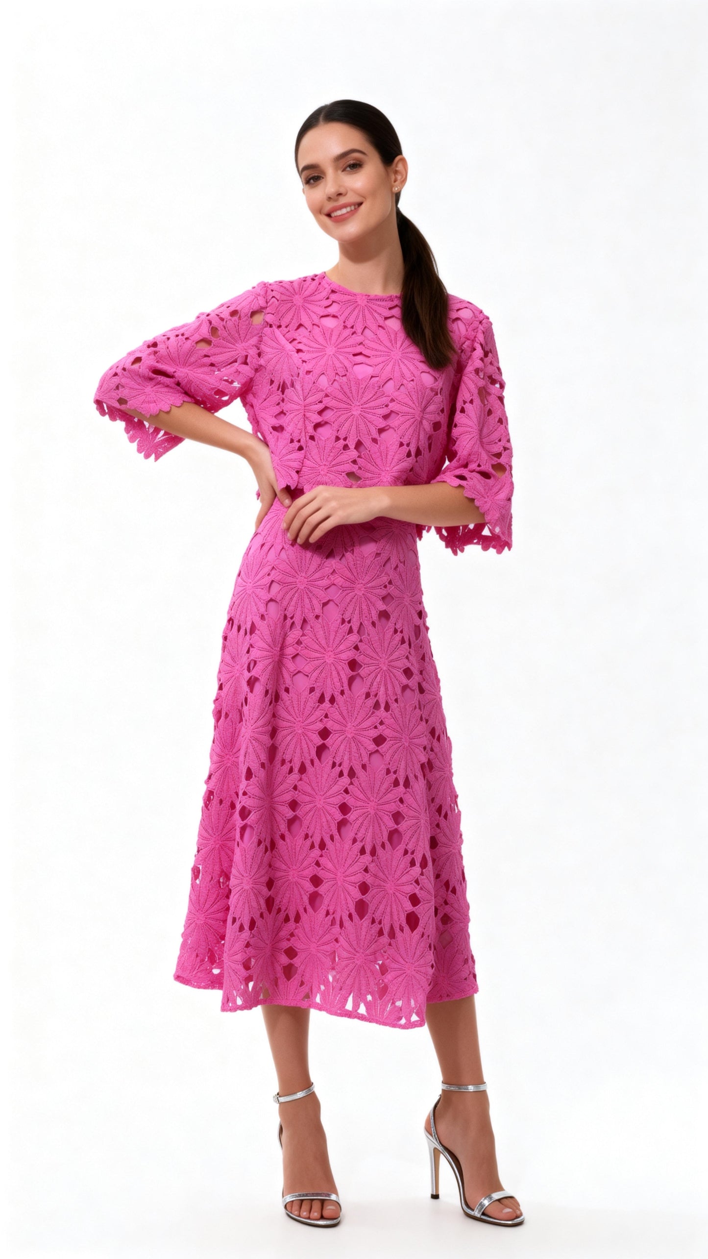 Hot Pink Openwork Crochet Two-Piece Dress