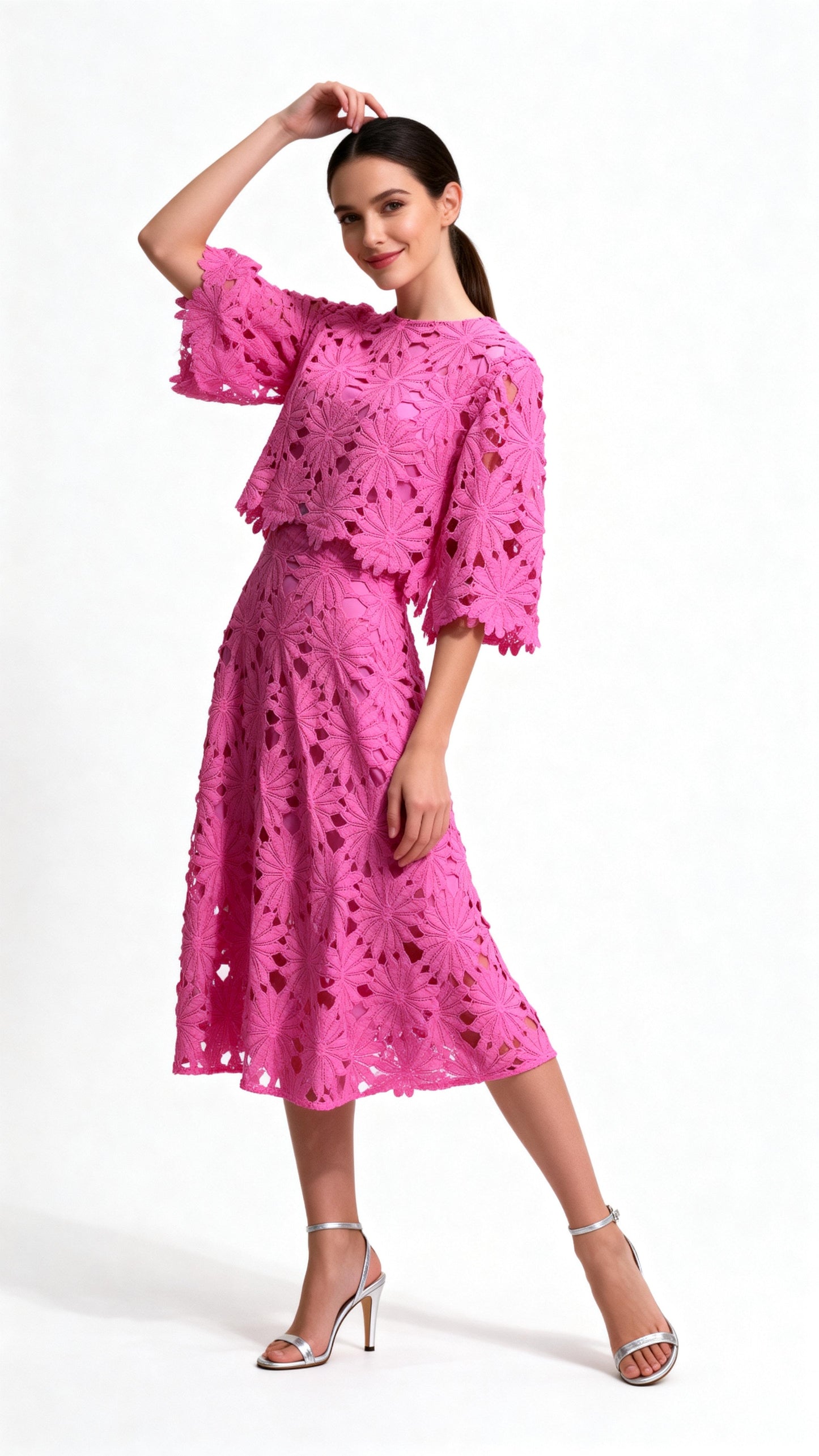 Hot Pink Openwork Crochet Two-Piece Dress