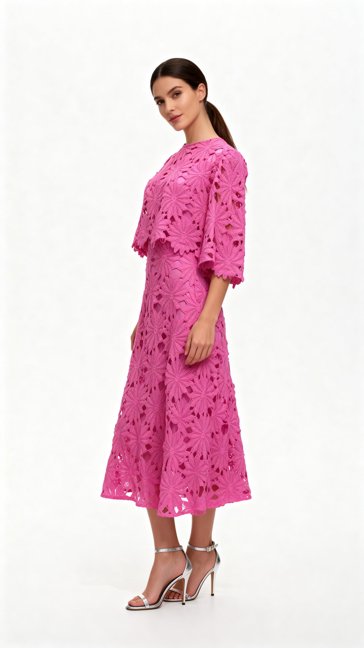 Hot Pink Openwork Crochet Two-Piece Dress