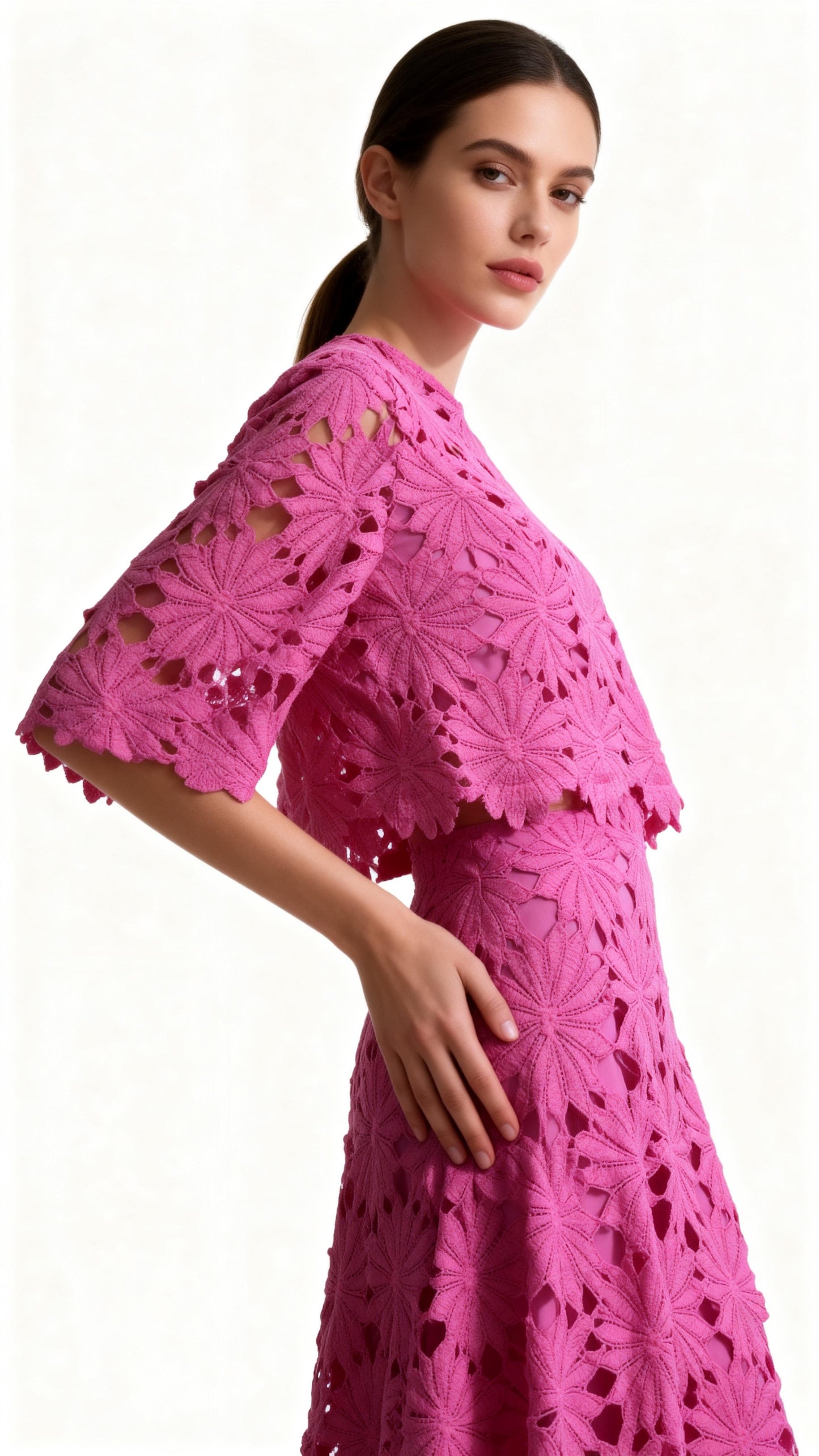 Hot Pink Openwork Crochet Two-Piece Dress