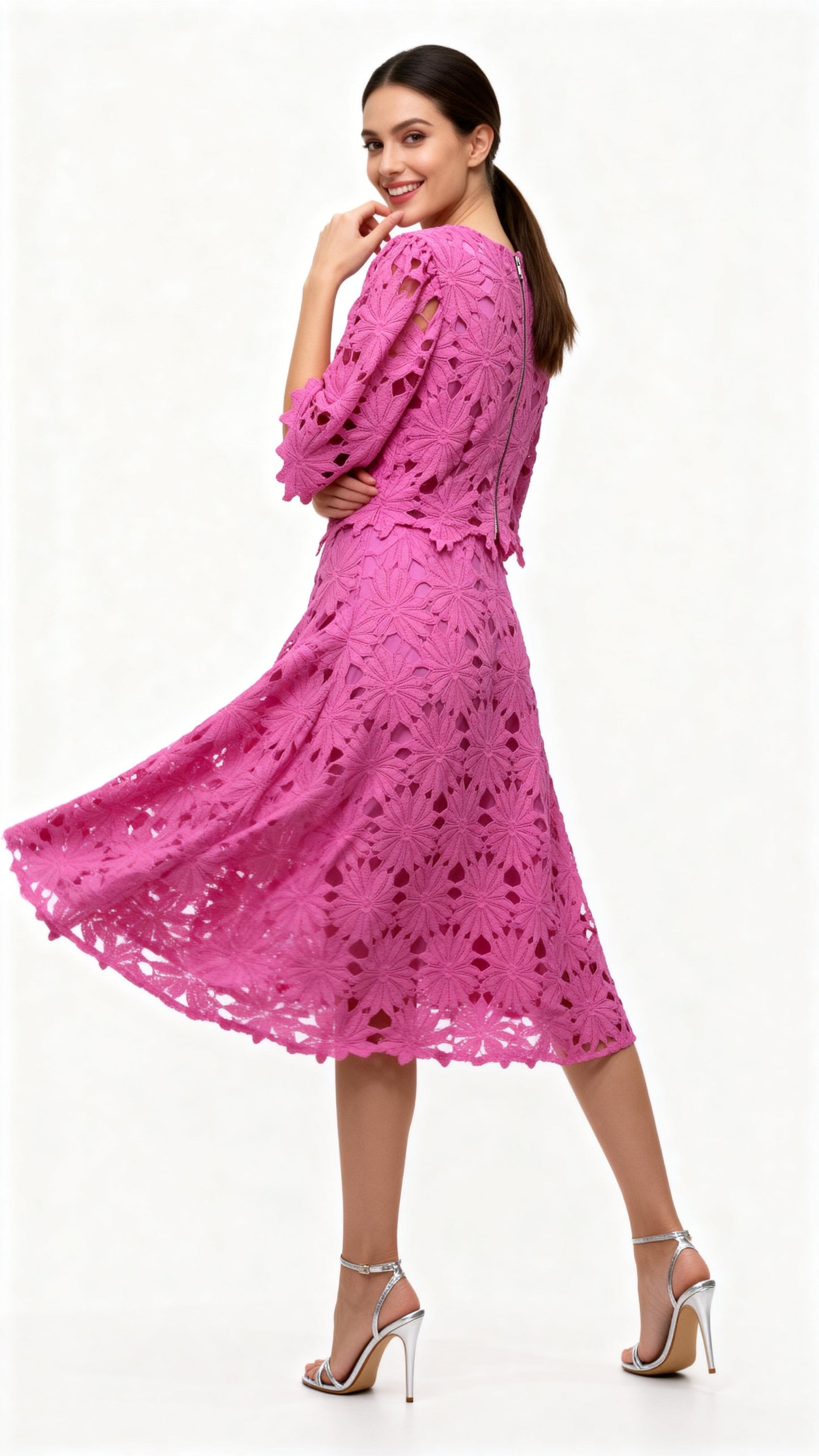 Hot Pink Openwork Crochet Two-Piece Dress