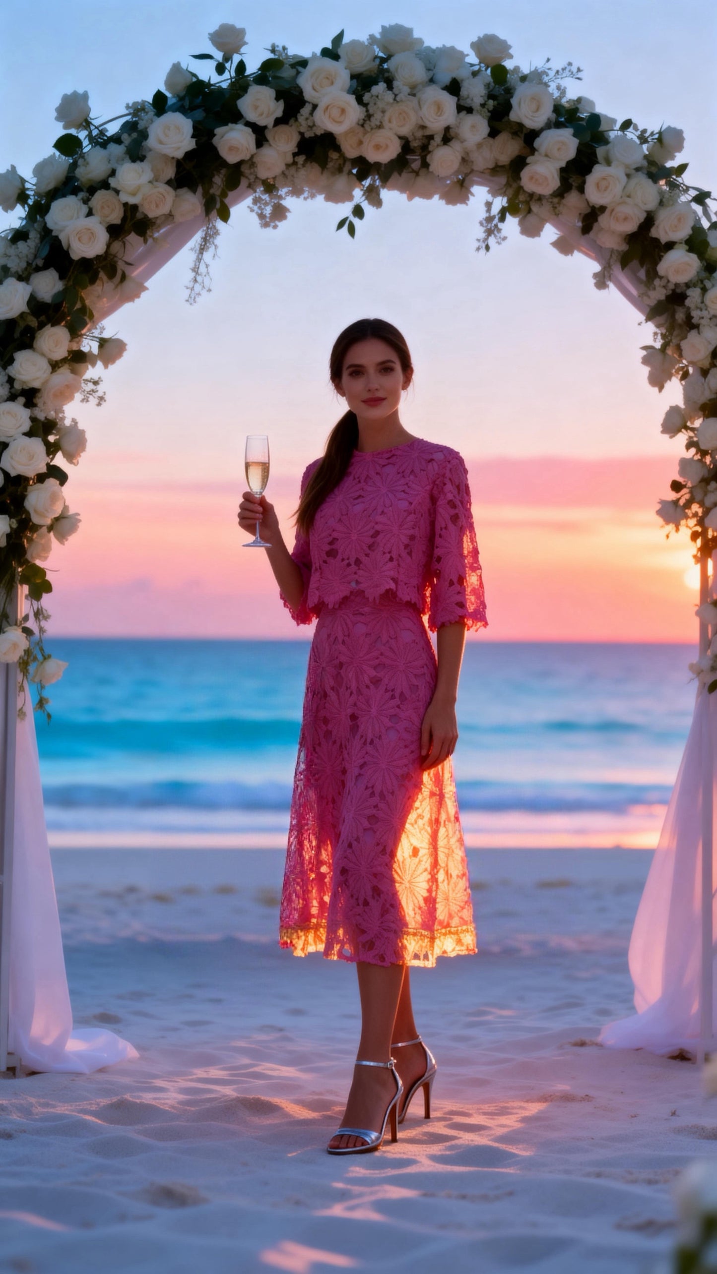 Hot Pink Openwork Crochet Two-Piece Dress