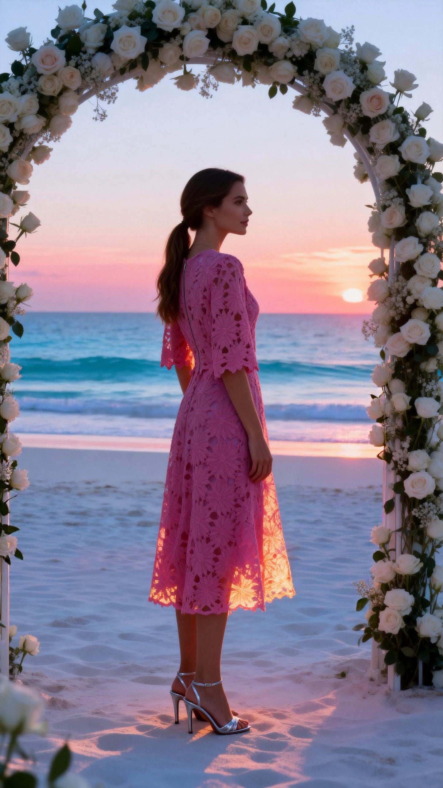 Hot Pink Openwork Crochet Two-Piece Dress