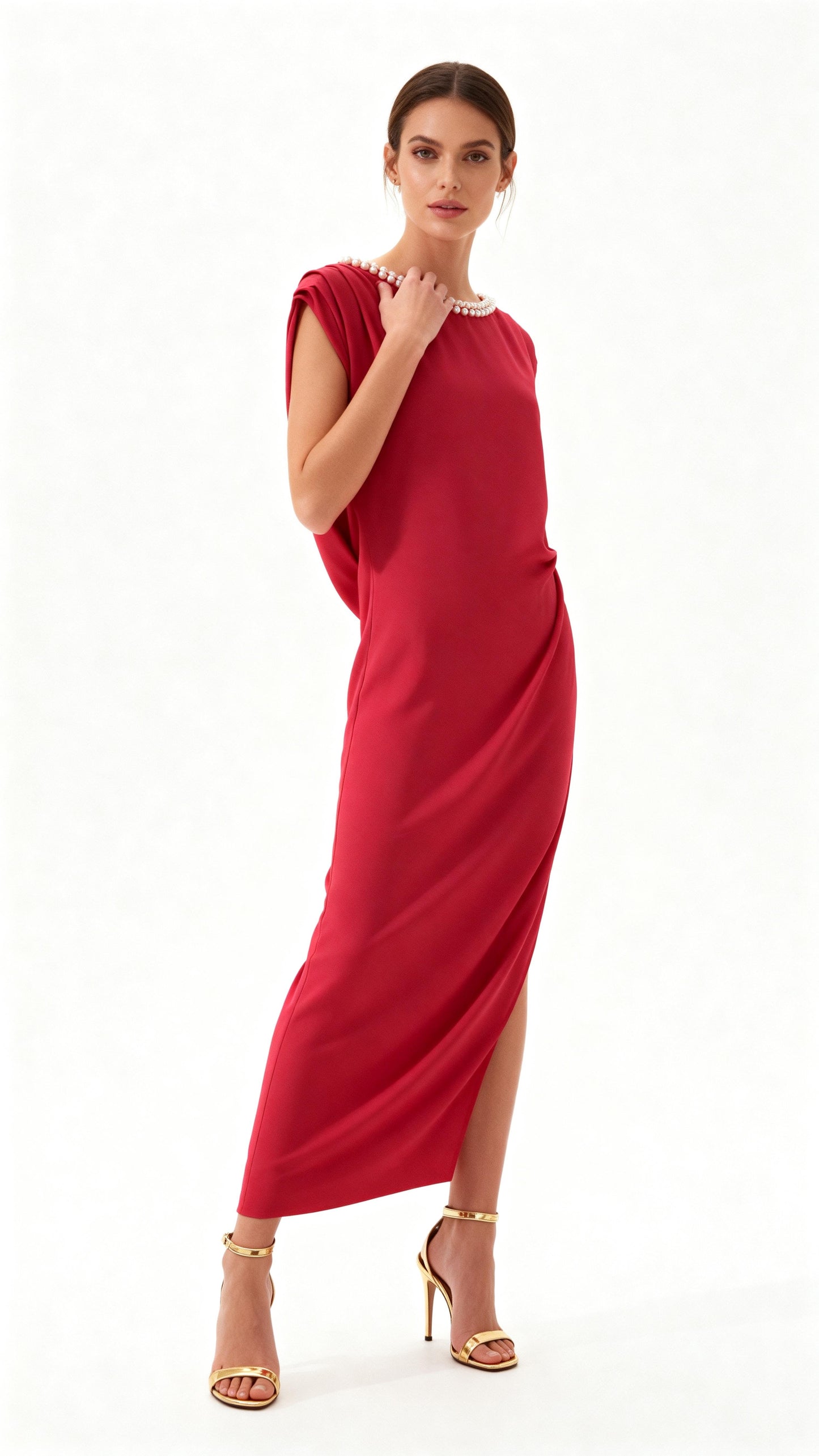 Red Pearl-Accented Draped Maxi Dress