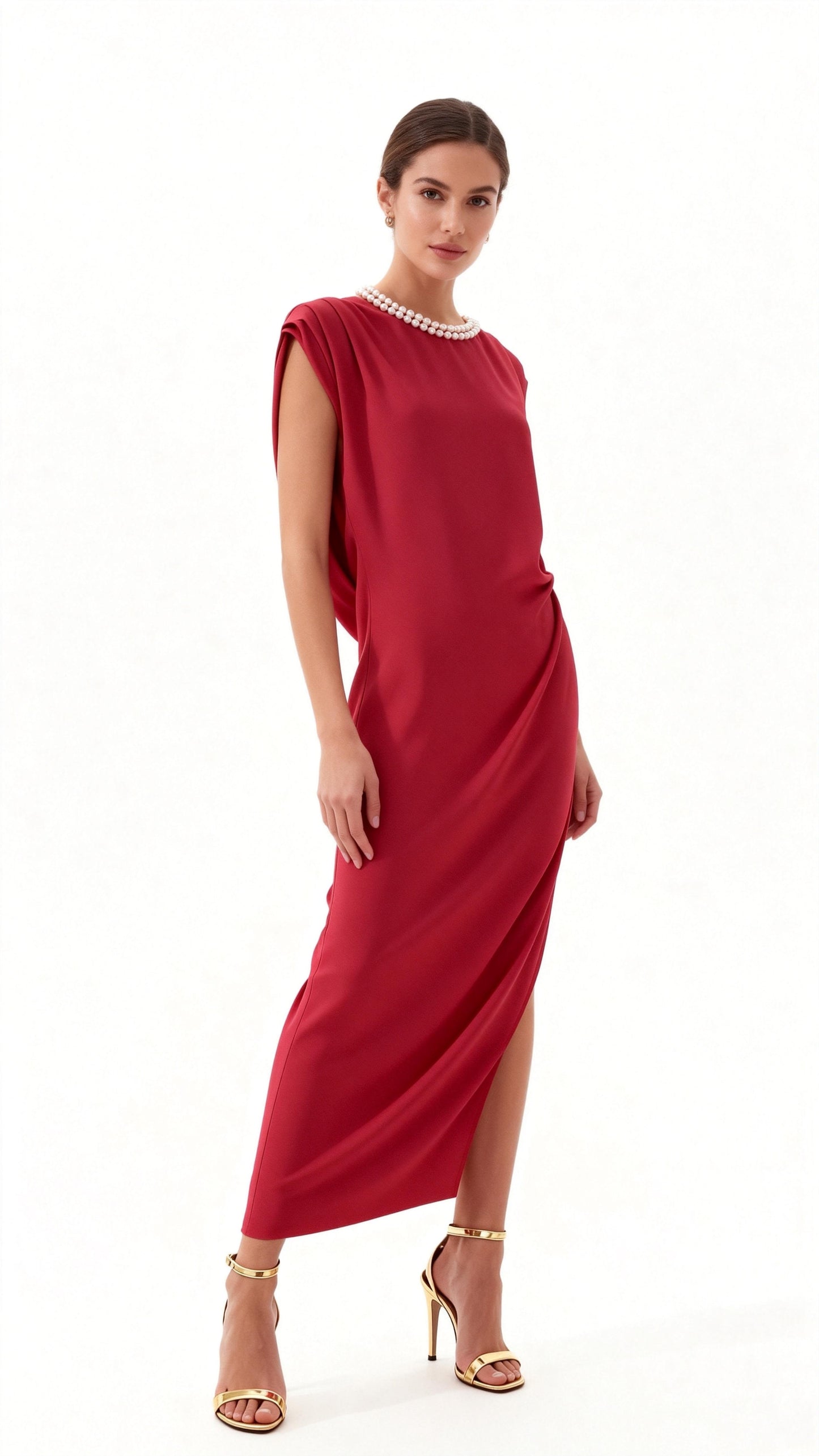 Red Pearl-Accented Draped Maxi Dress