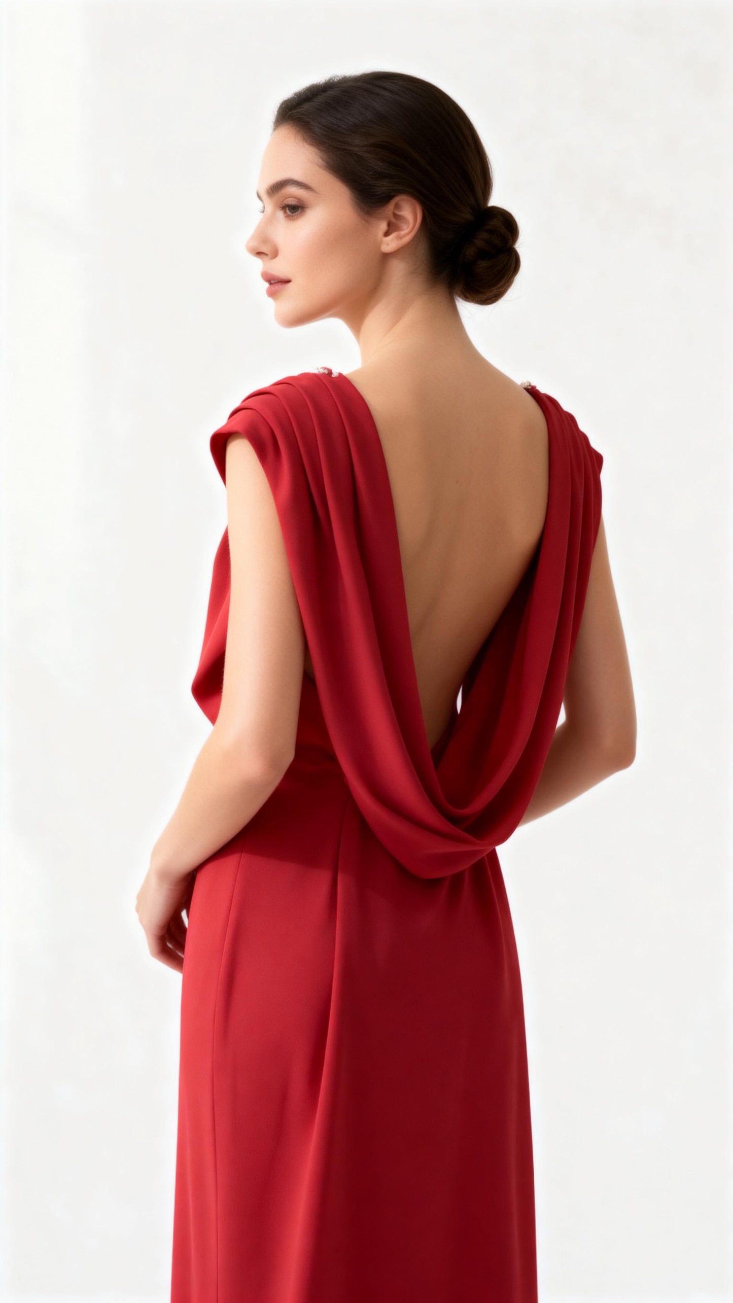 Red Pearl-Accented Draped Maxi Dress