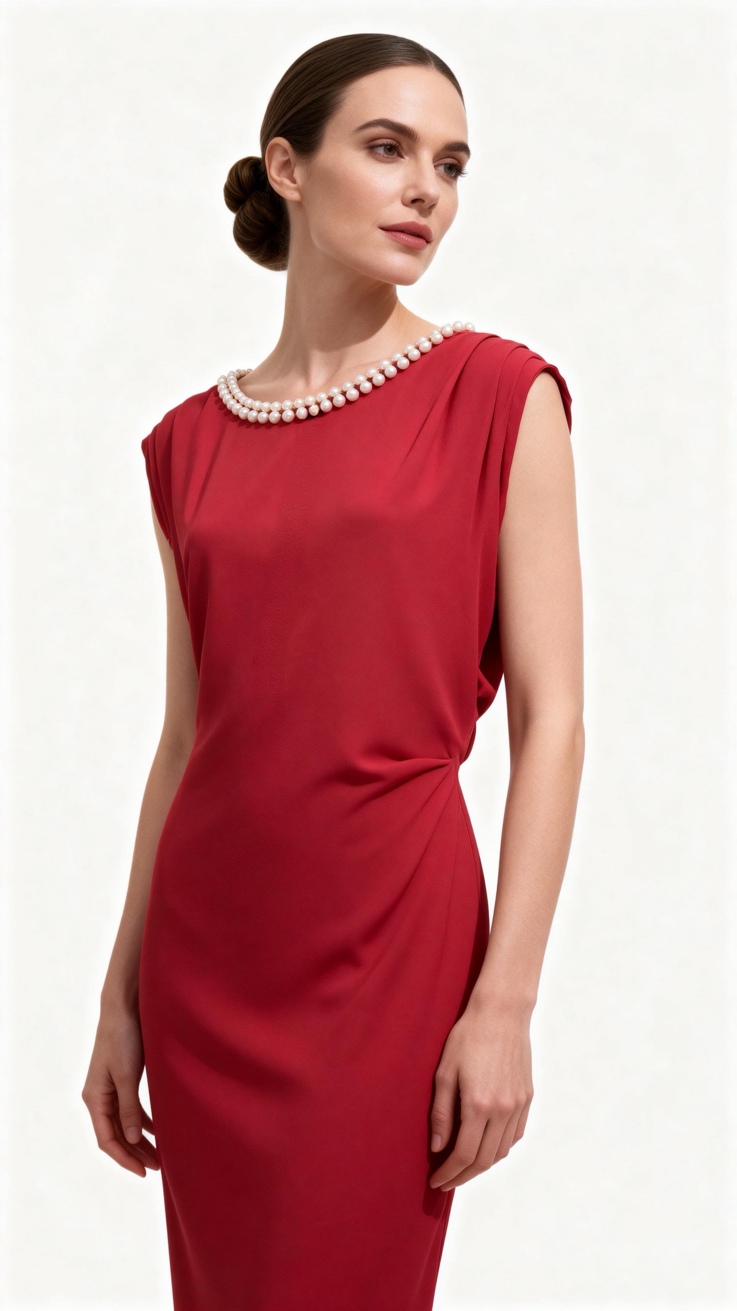 Red Pearl-Accented Draped Maxi Dress