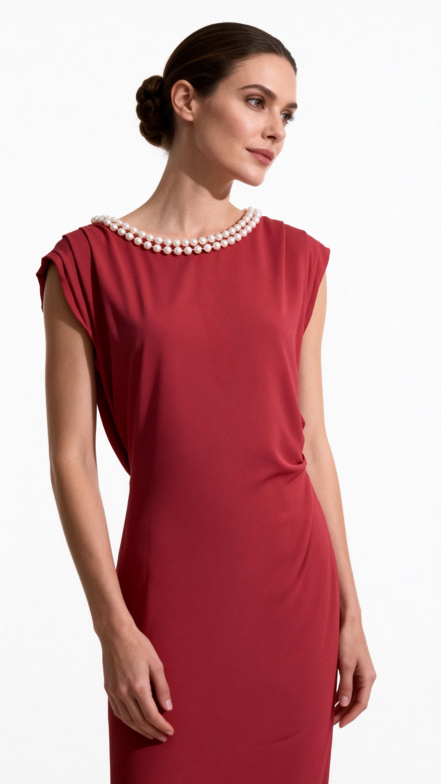 Red Pearl-Accented Draped Maxi Dress