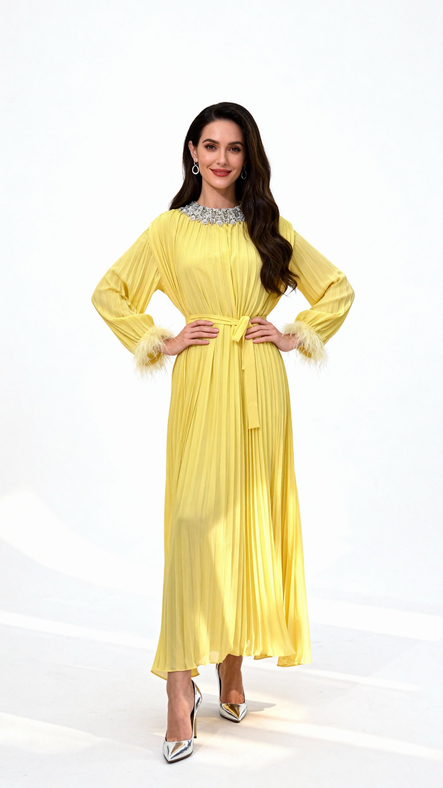 Bright Yellow Pleated Rhinestone-Neck Feather-Sleeved Maxi Dress