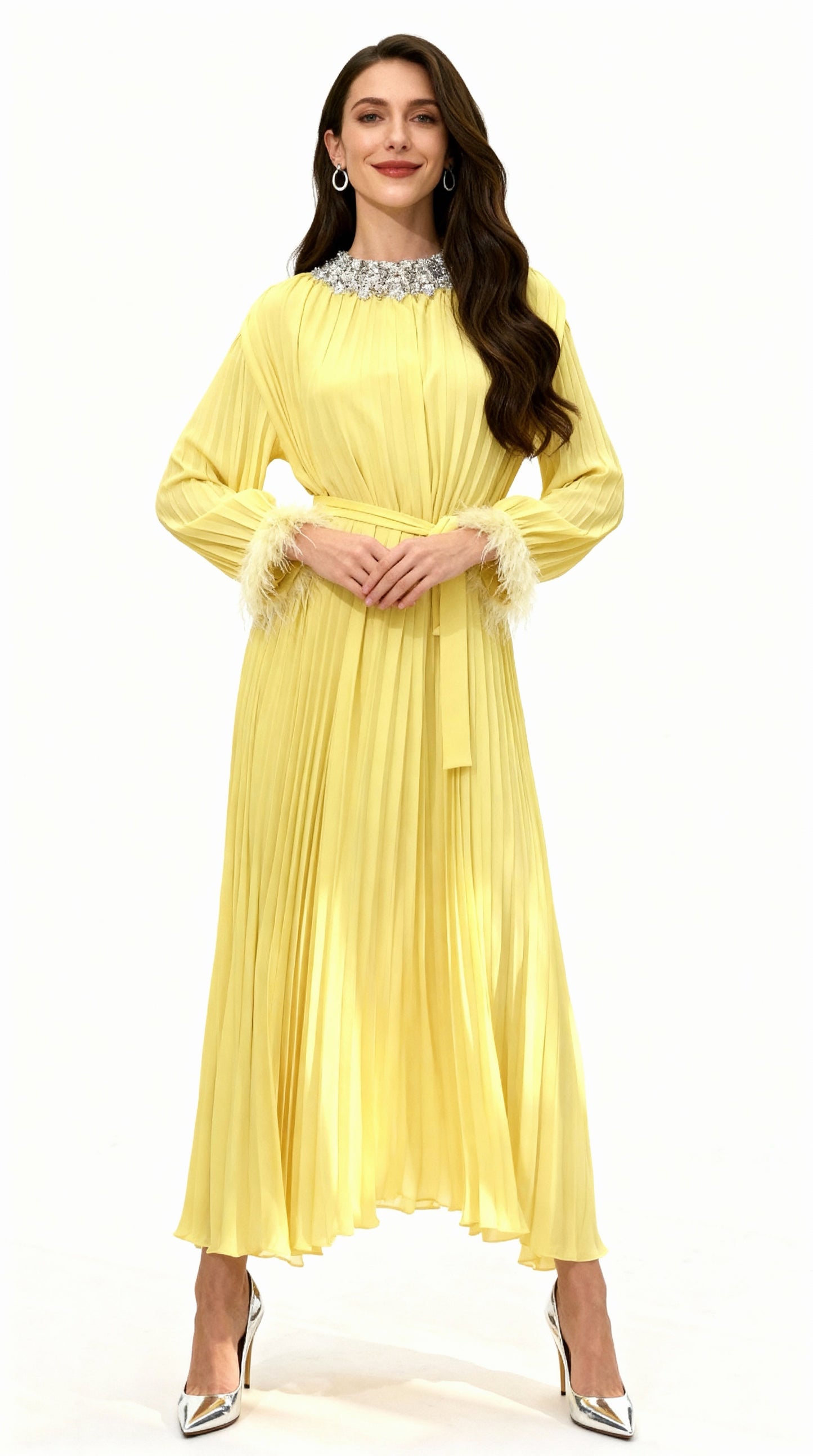 Bright Yellow Pleated Rhinestone-Neck Feather-Sleeved Maxi Dress