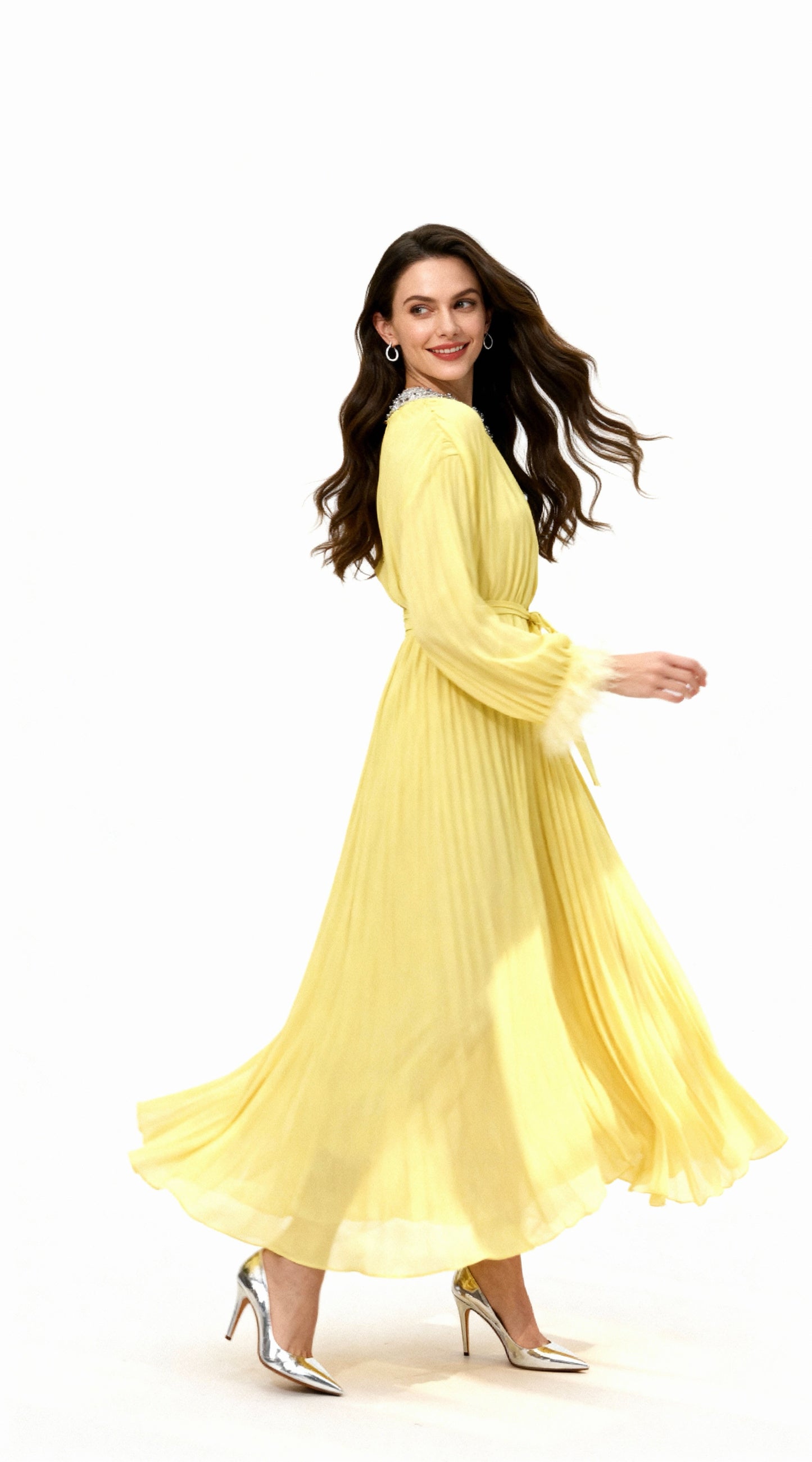 Bright Yellow Pleated Rhinestone-Neck Feather-Sleeved Maxi Dress