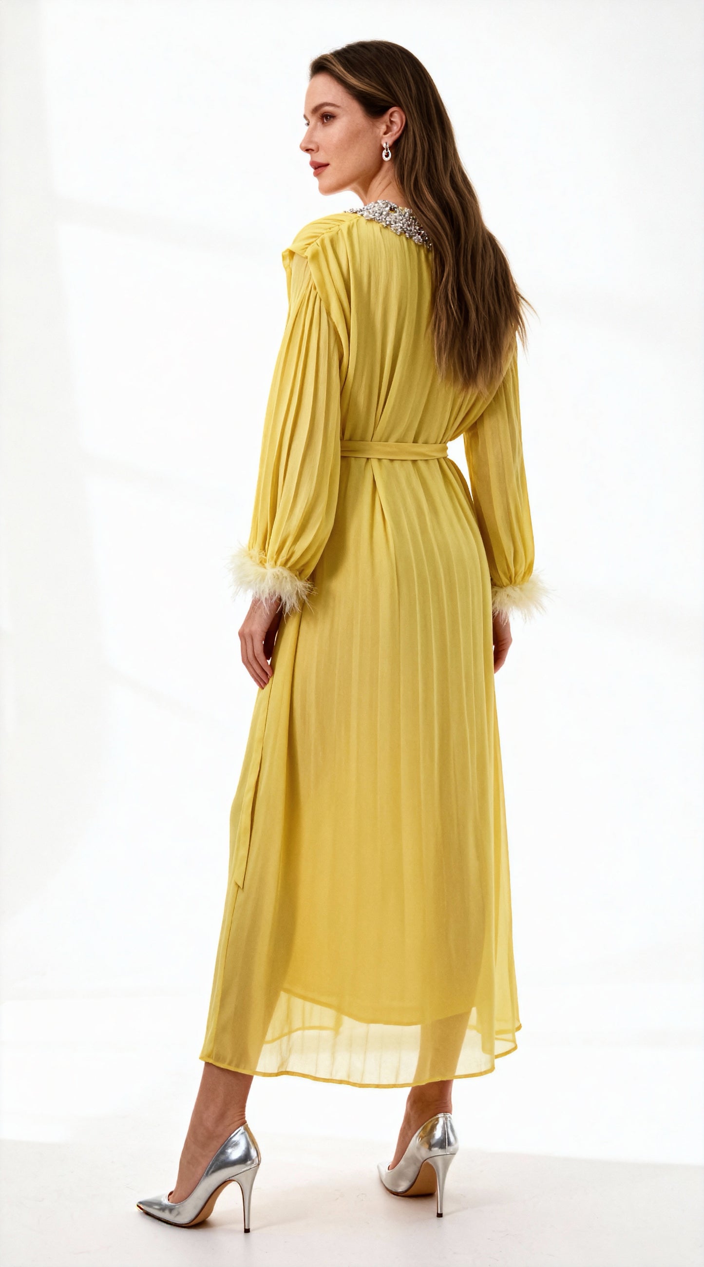 Bright Yellow Pleated Rhinestone-Neck Feather-Sleeved Maxi Dress