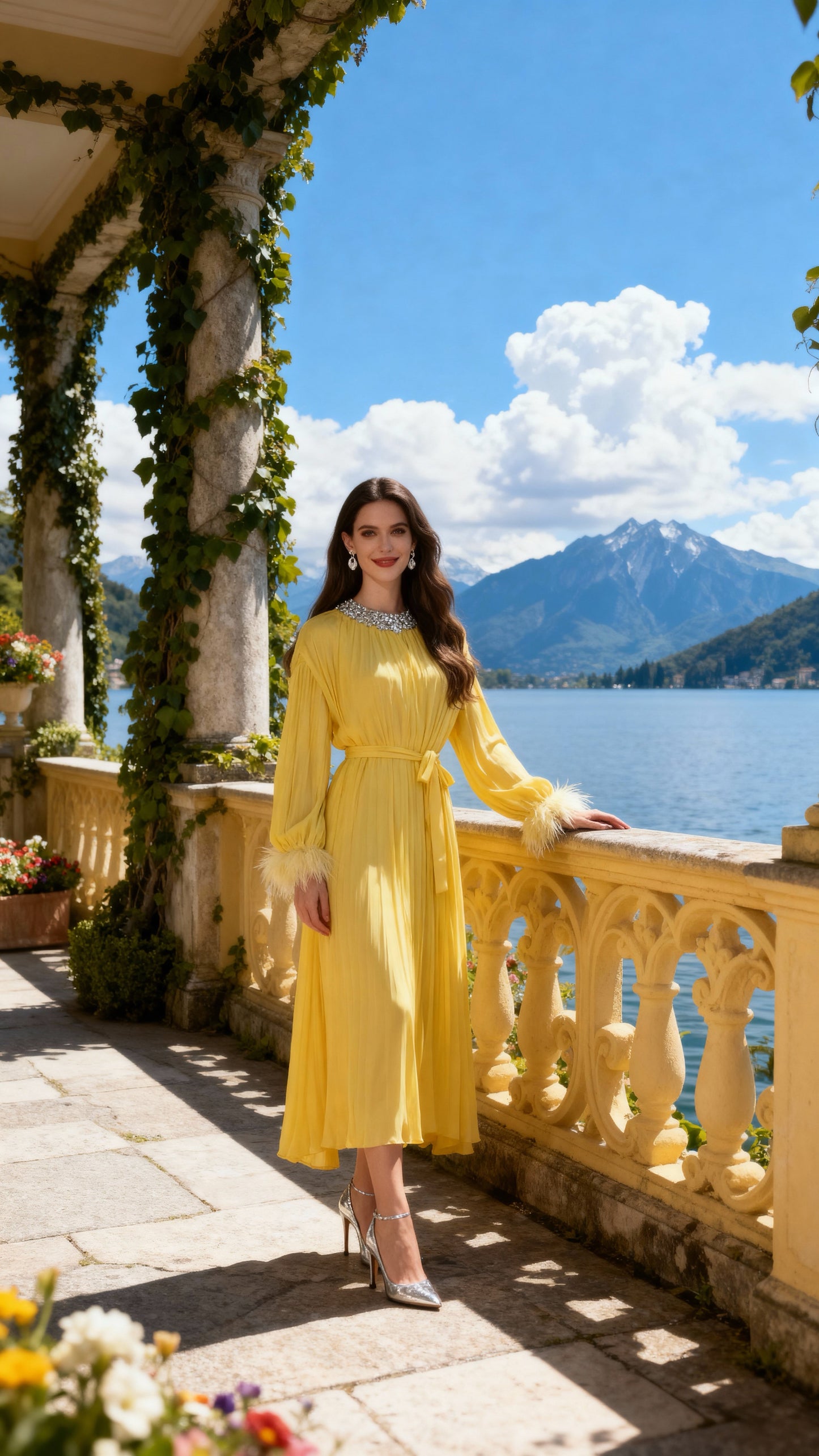 Bright Yellow Pleated Rhinestone-Neck Feather-Sleeved Maxi Dress