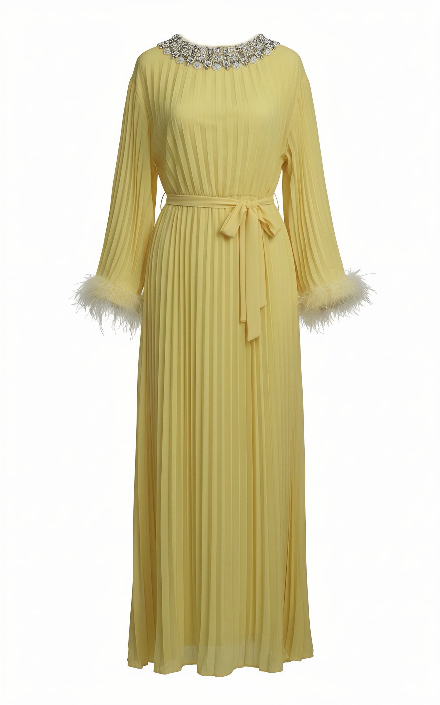 Bright Yellow Pleated Rhinestone-Neck Feather-Sleeved Maxi Dress