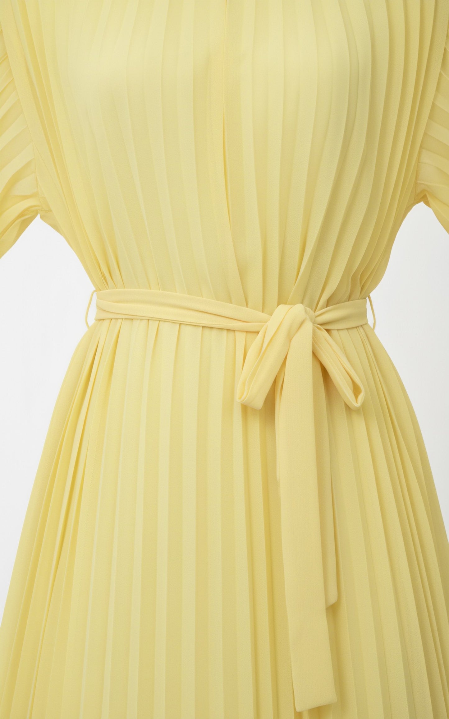 Bright Yellow Pleated Rhinestone-Neck Feather-Sleeved Maxi Dress
