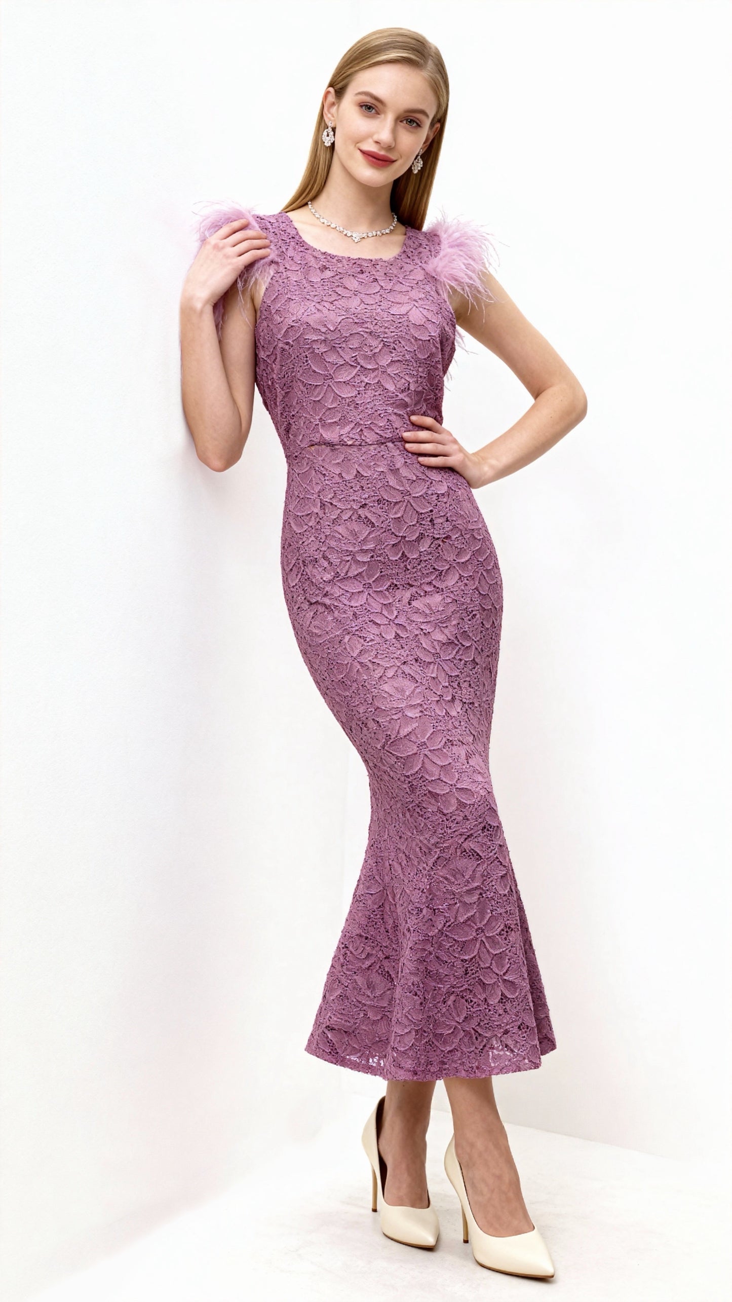 Lace Feather-Shoulder Mermaid Midi Dress