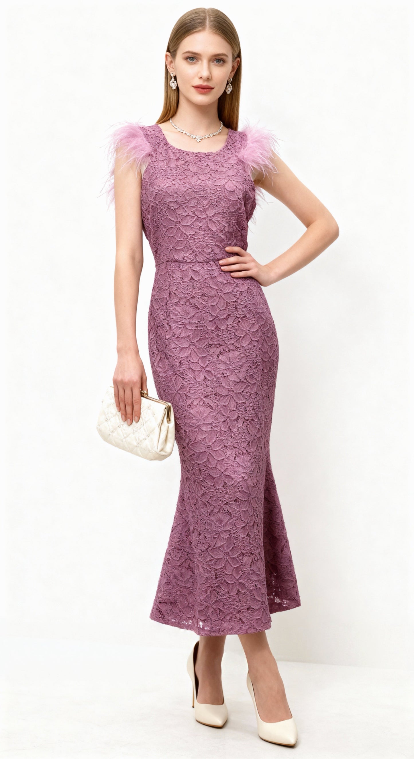 Lace Feather-Shoulder Mermaid Midi Dress