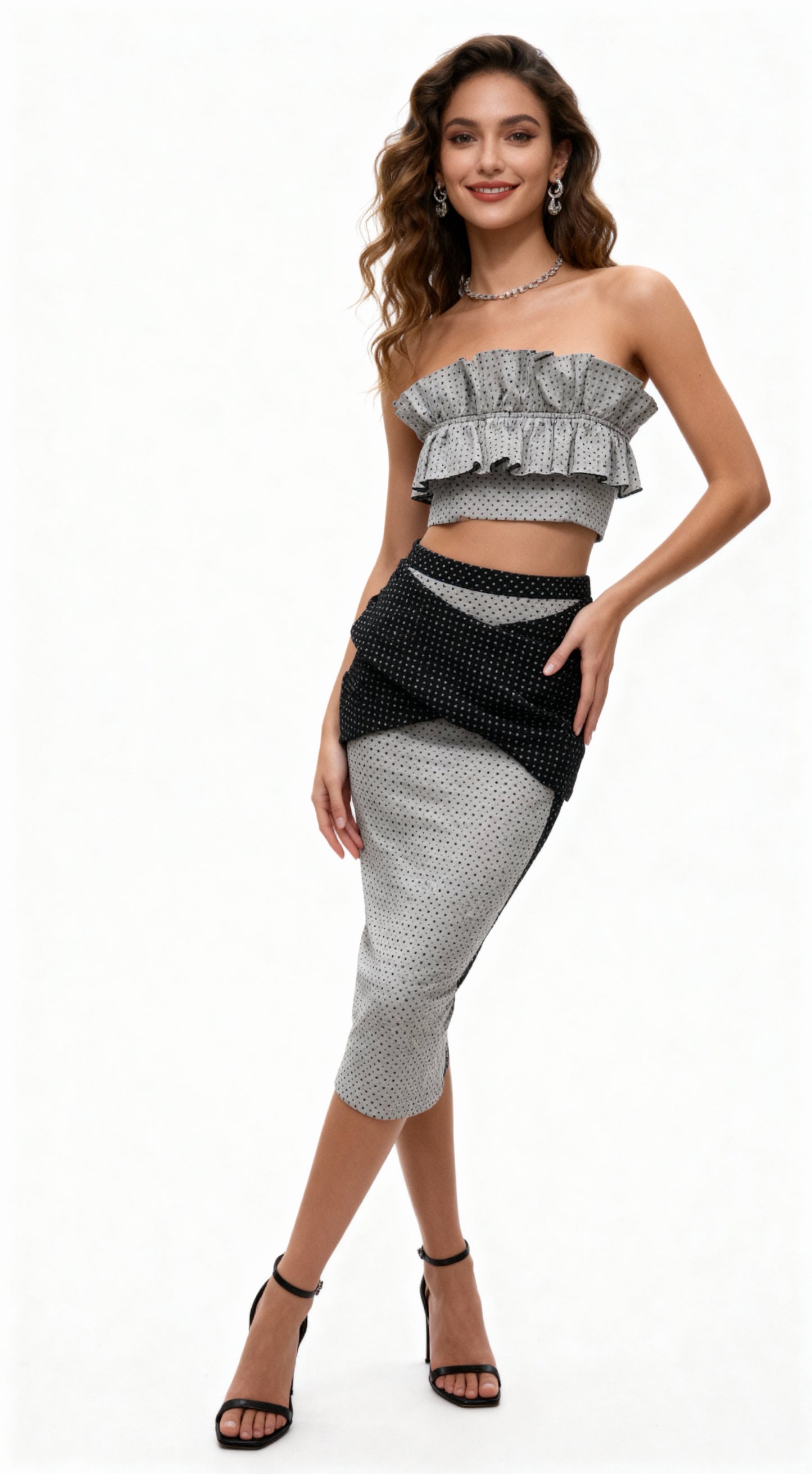 Black-Gray Polka Dot Bustier Ruffled Two-Piece Skirt Set