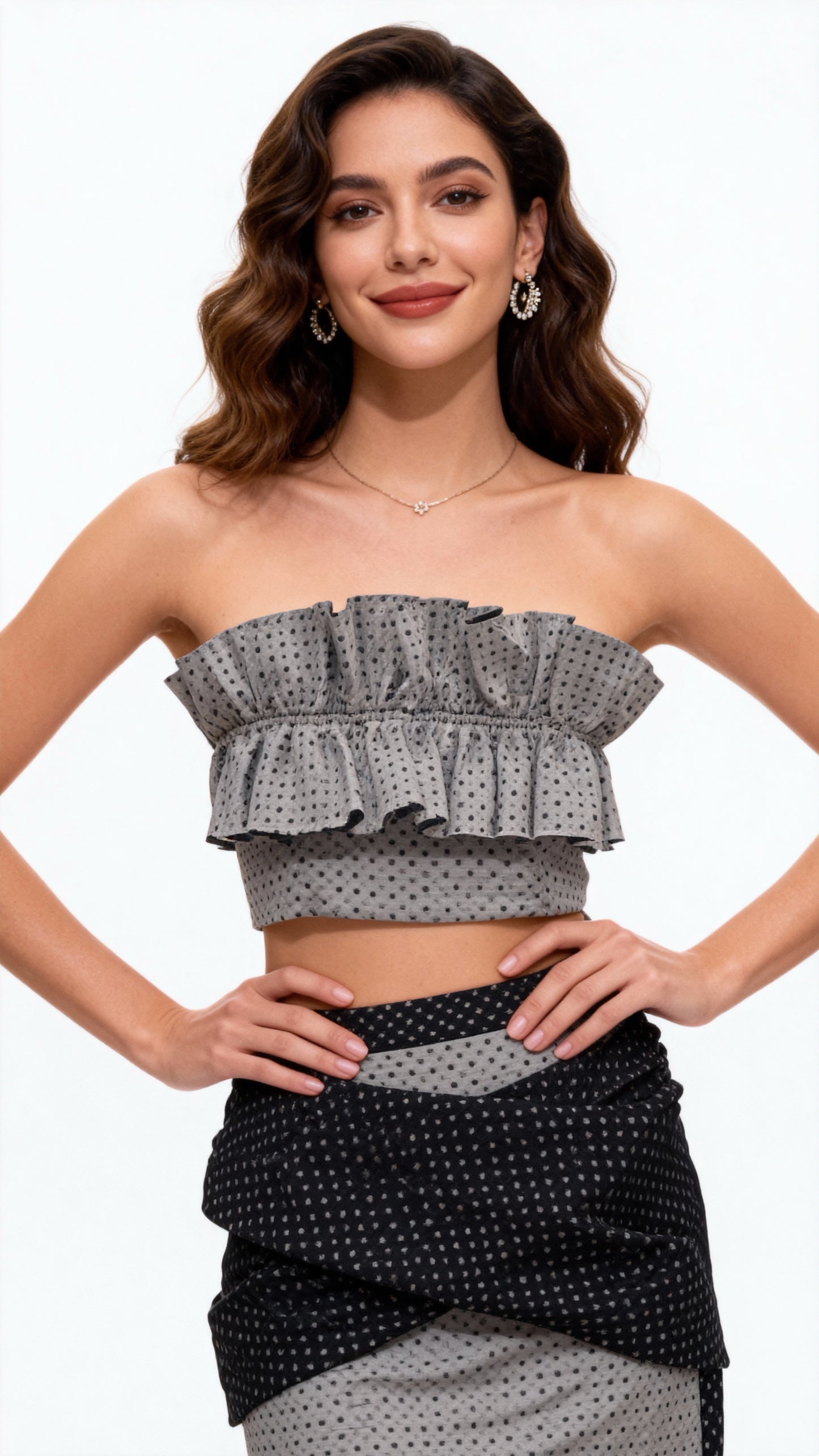 Black-Gray Polka Dot Bustier Ruffled Two-Piece Skirt Set