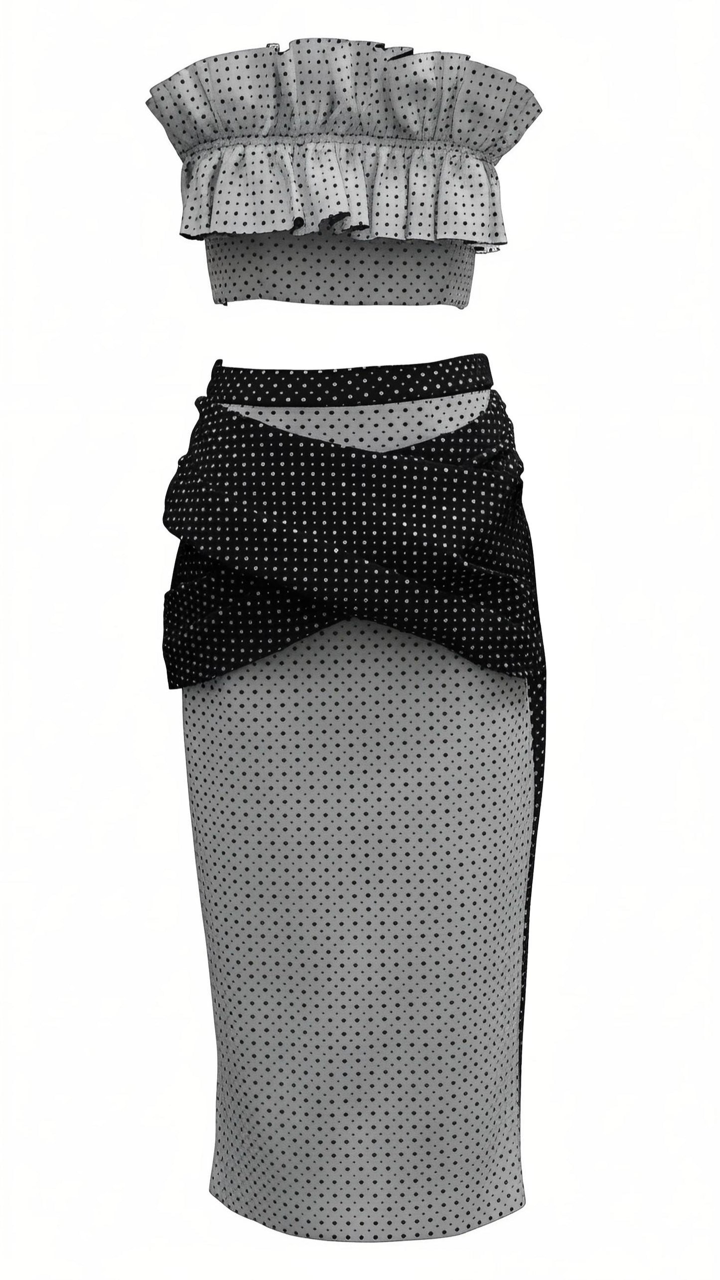 Black-Gray Polka Dot Bustier Ruffled Two-Piece Skirt Set
