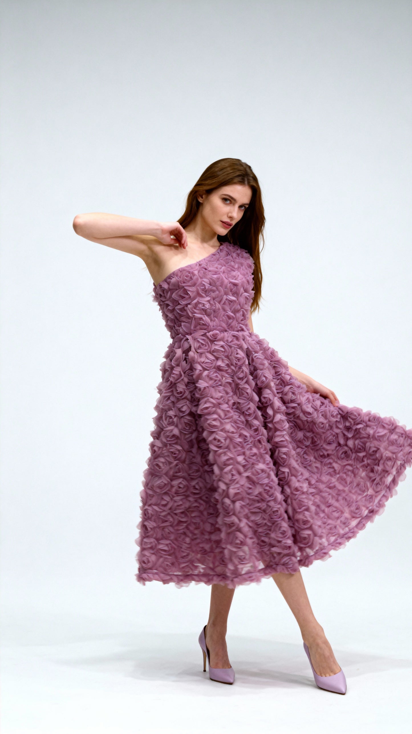 3D Rose One-Shoulder Waist-Defined Midi Dress