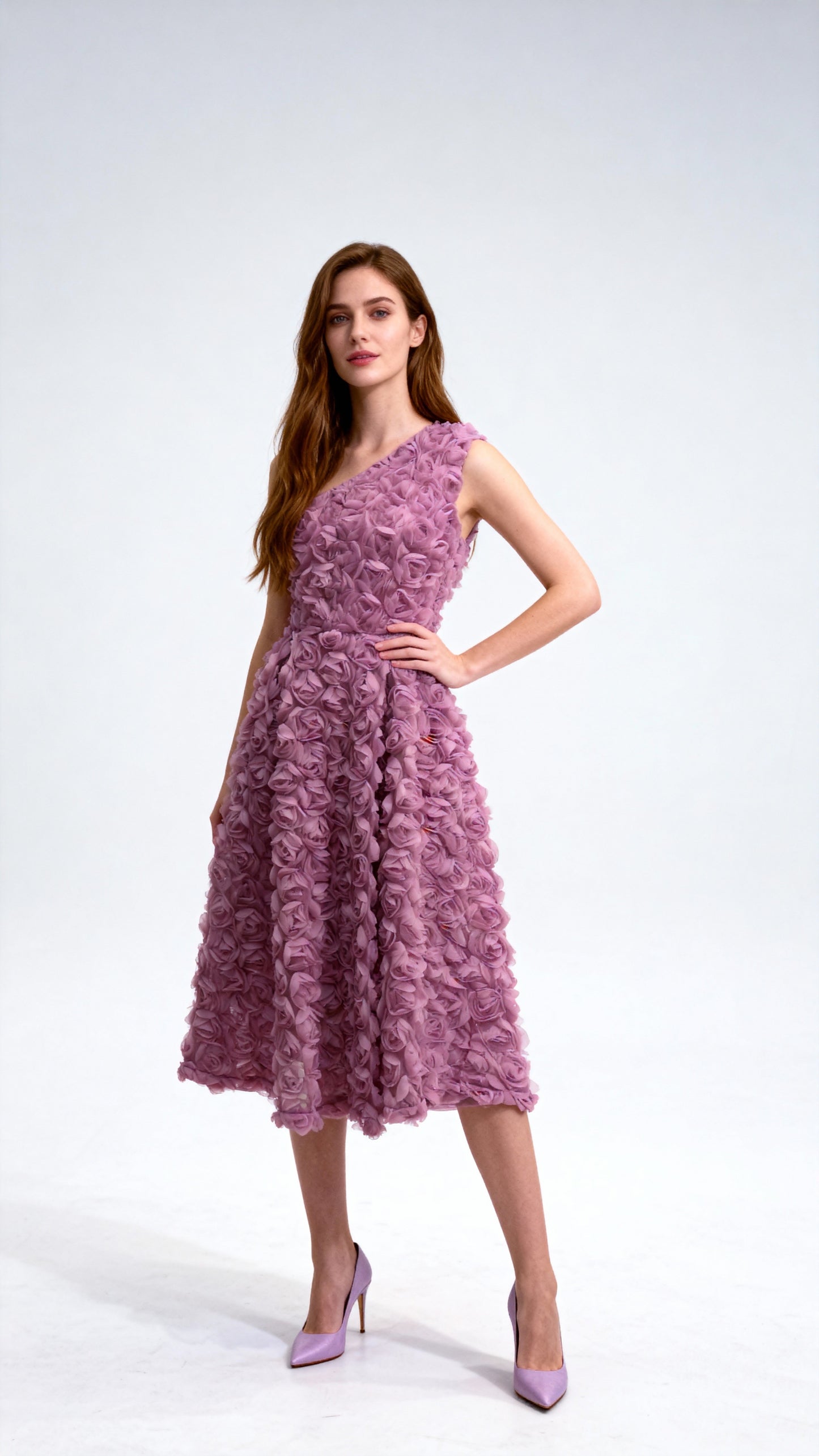 3D Rose One-Shoulder Waist-Defined Midi Dress