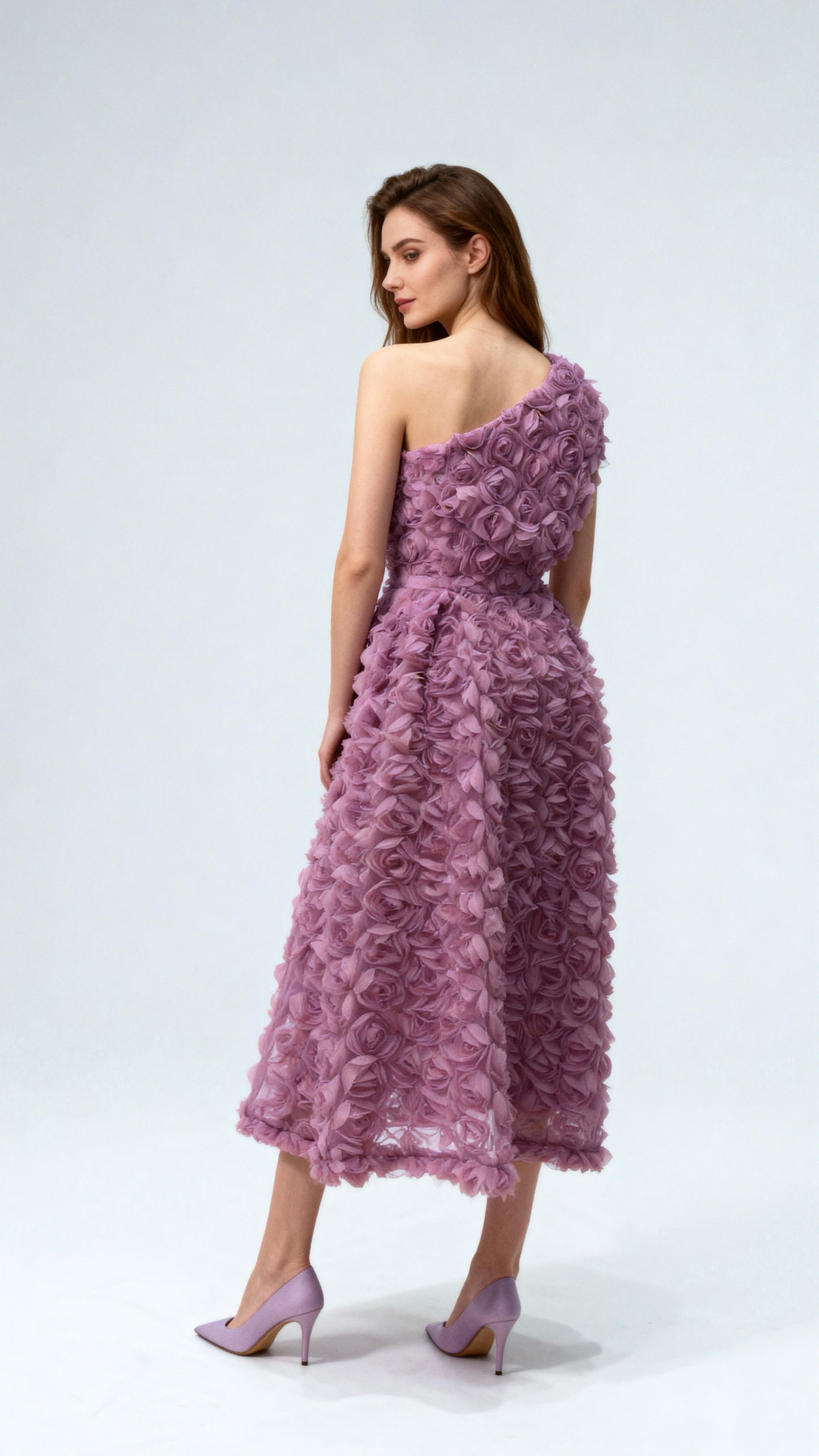 3D Rose One-Shoulder Waist-Defined Midi Dress