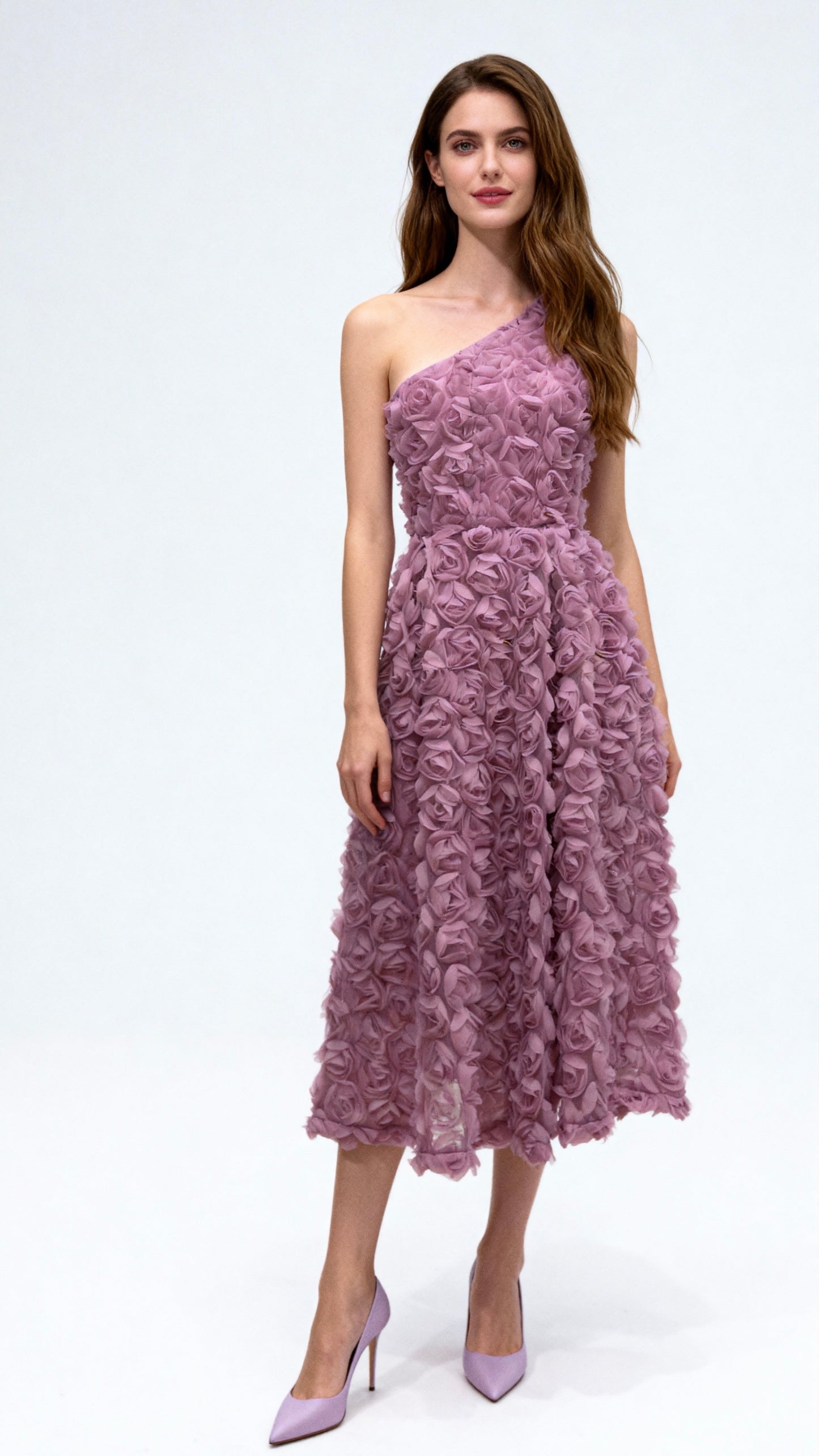 3D Rose One-Shoulder Waist-Defined Midi Dress