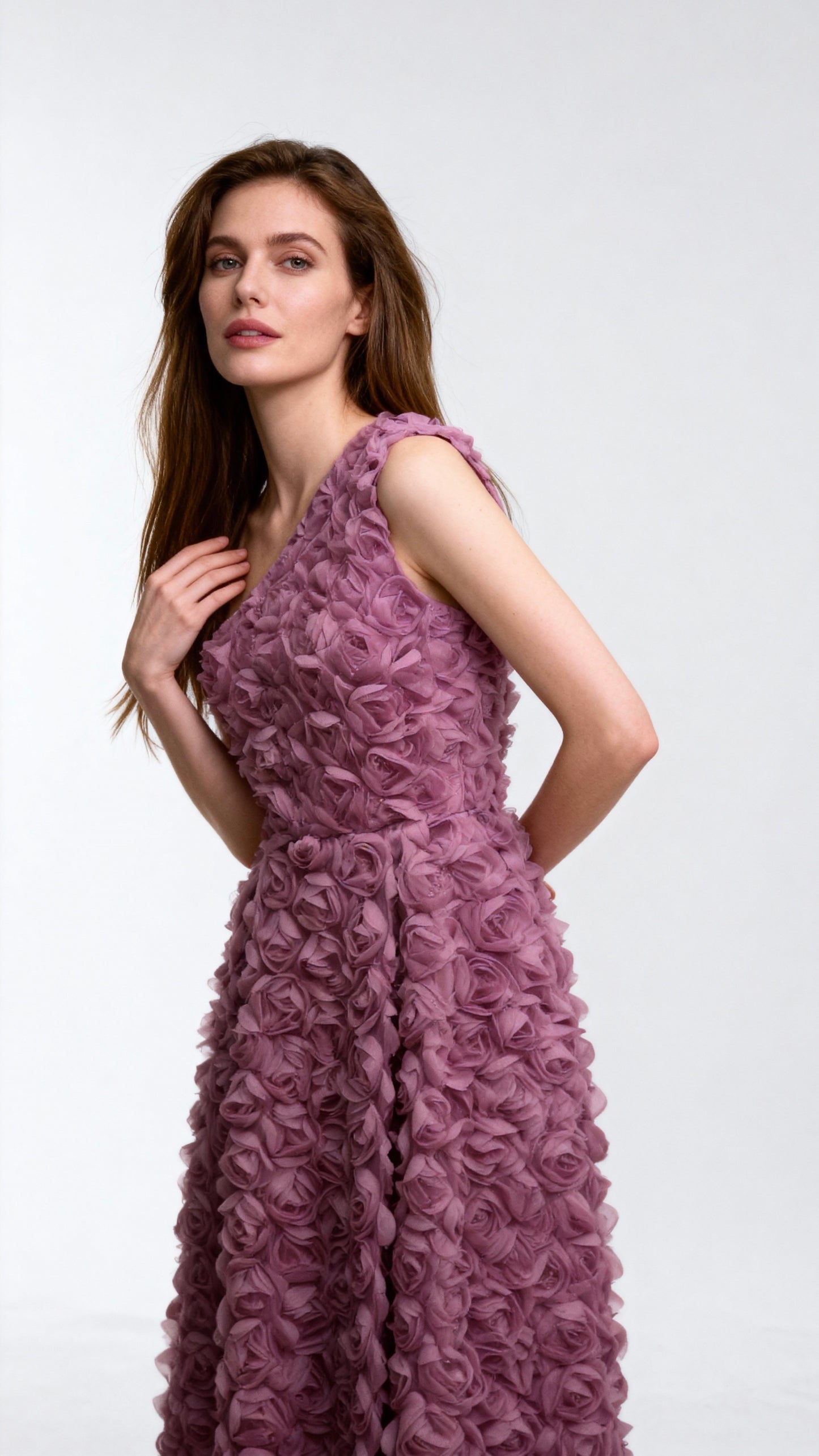 3D Rose One-Shoulder Waist-Defined Midi Dress