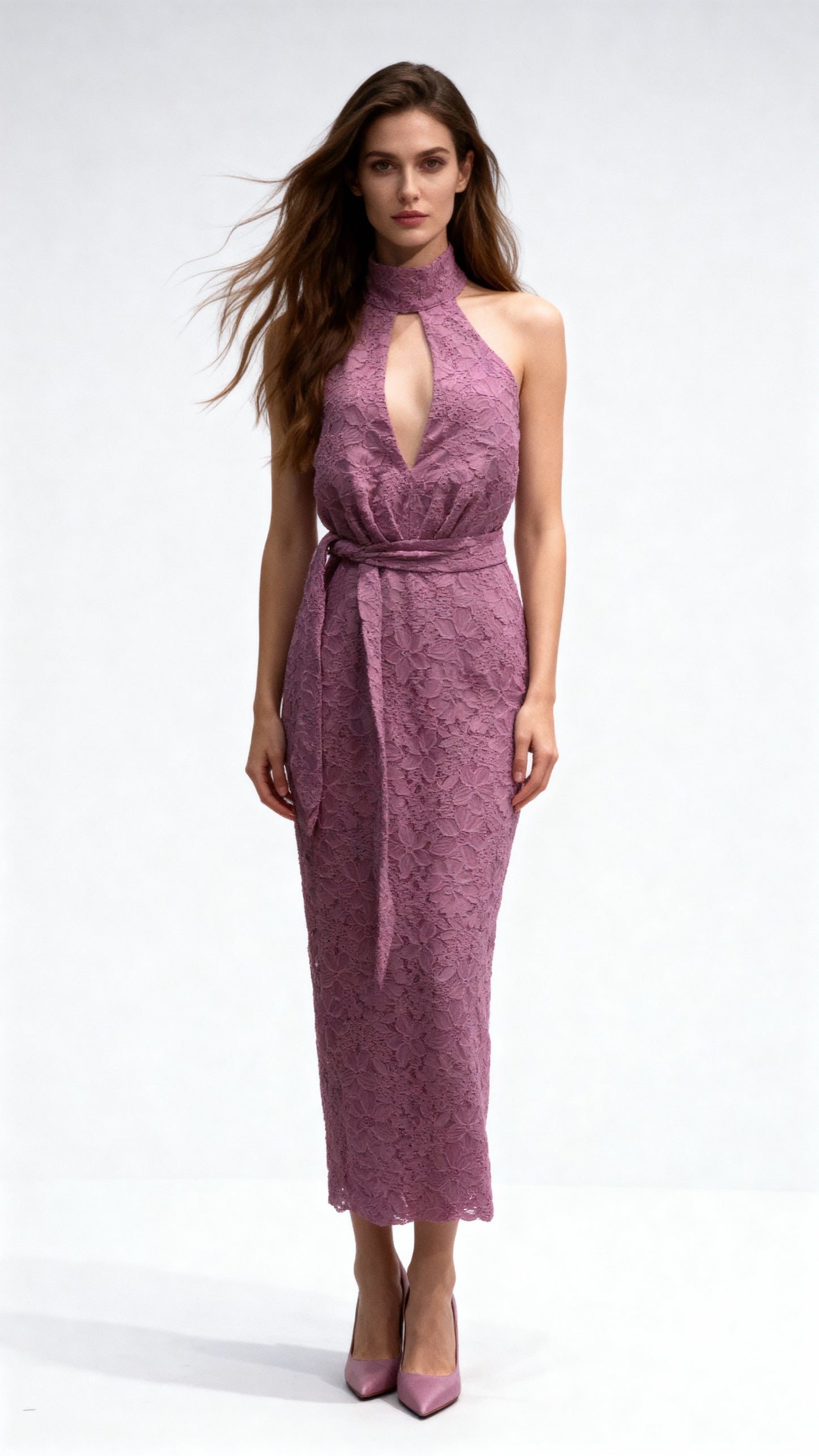 Lace Halter Openwork Waist-Defined Midi Dress