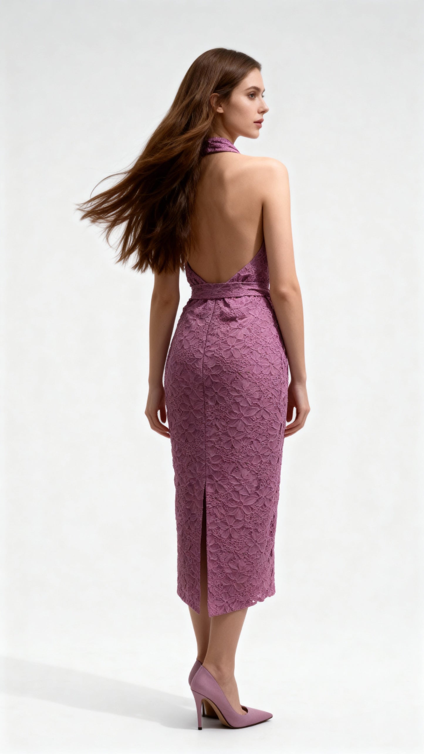 Lace Halter Openwork Waist-Defined Midi Dress